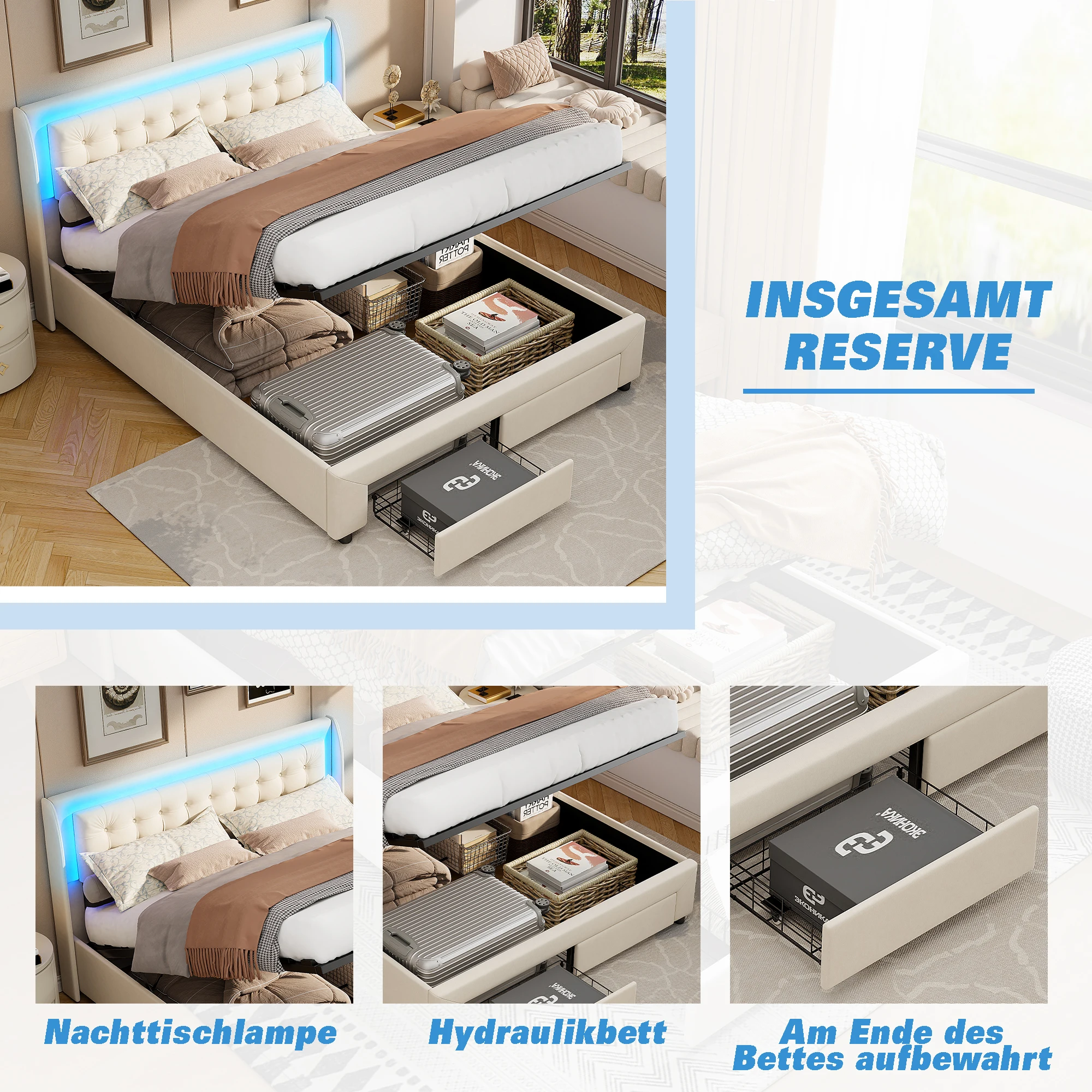 Comanlai 140x190cm Hydraulic Storage Bed, with LED Light and 2 Drawers, Upholstered Double Bed, with Slat Frame, Velvet, Beige