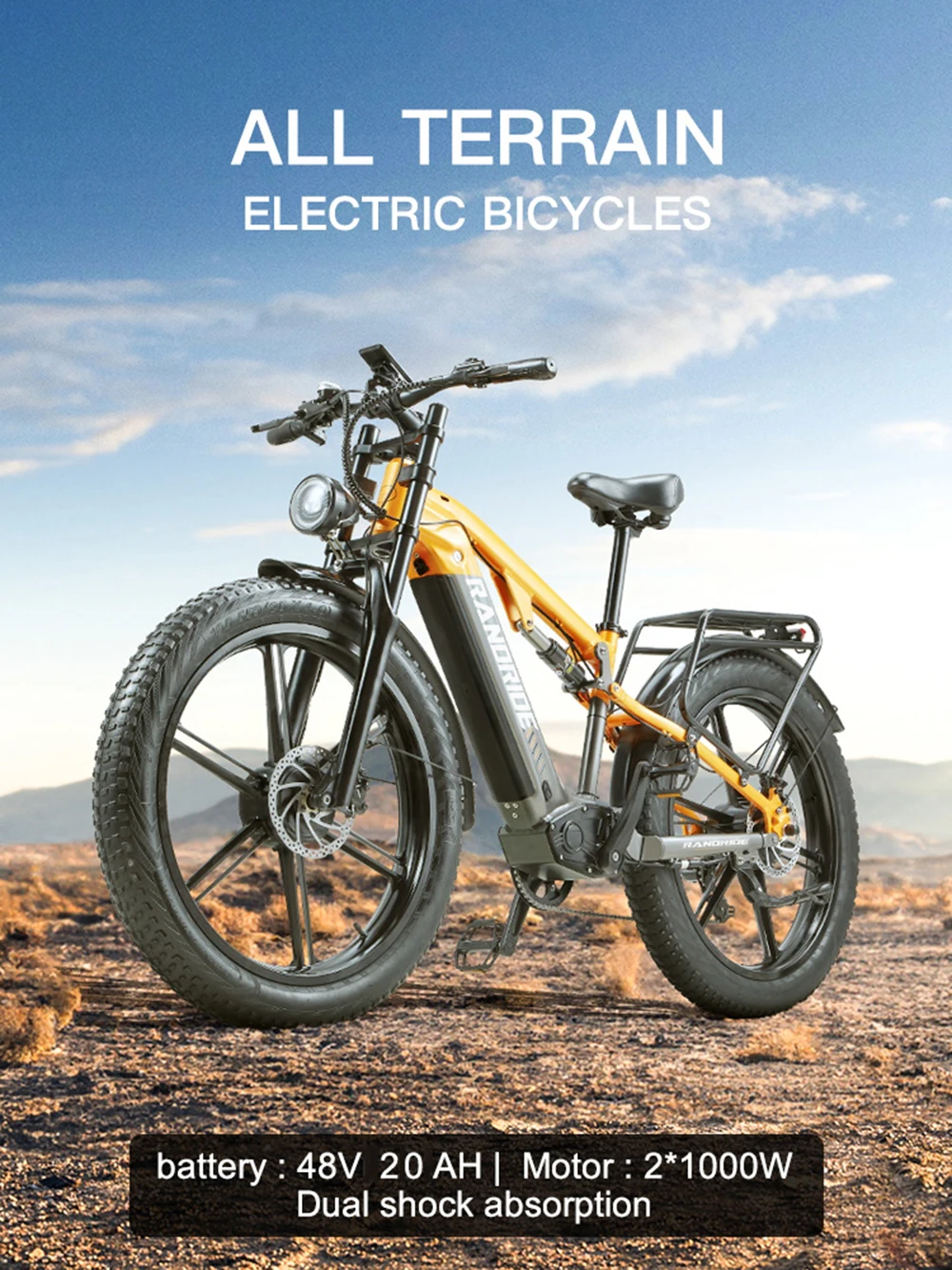 RandRide YX80M-2 Adult Electric Bicycle 45KM/H MAX Speed 90KM Range2000W Motor 26" Tire 48V 20AH Battery Electric Bike