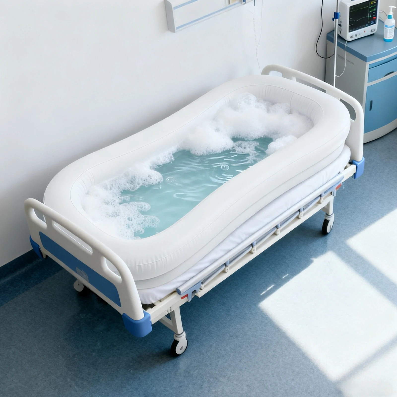 Bymaocar Double Layer Shower Bed Bathtub 220x100x38cm White Foldable Portable with Pump Hose for Elderly Patient Home Care Bathing