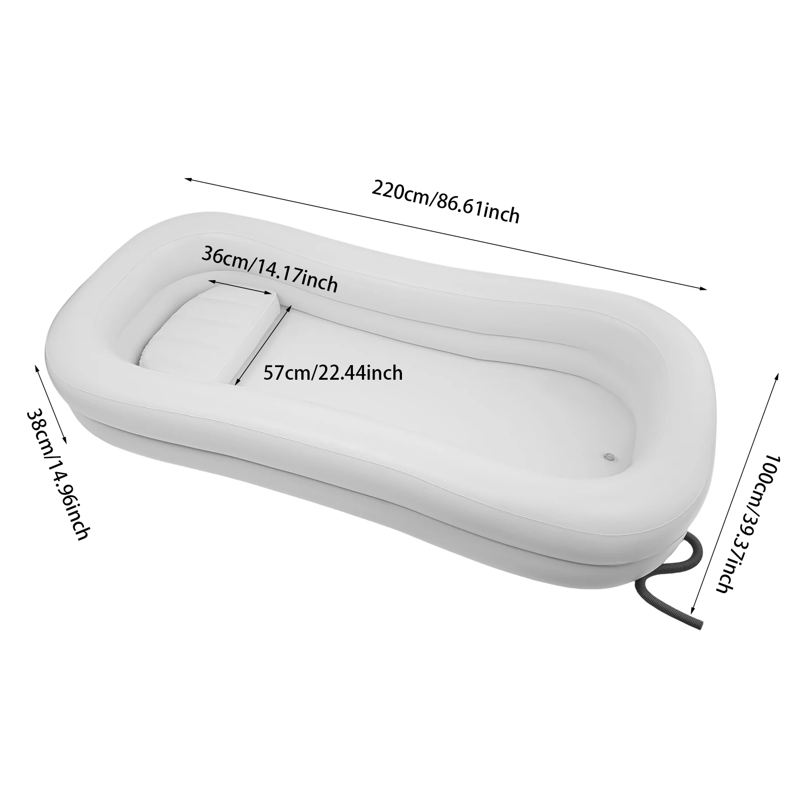 Bymaocar Double Layer Shower Bed Bathtub 220x100x38cm White Foldable Portable with Pump Hose for Elderly Patient Home Care Bathing