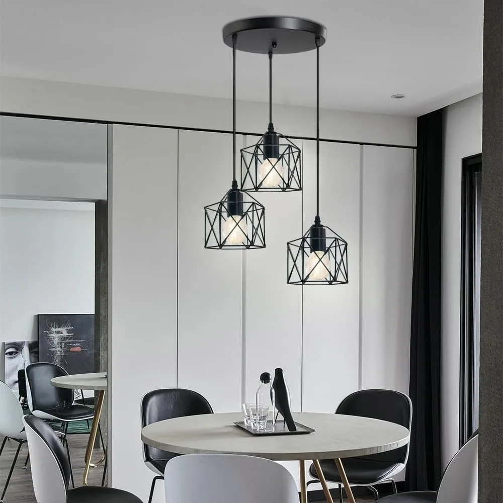3-Light Industrial Ceiling Lamp Vintage E27 Ceiling Light with Iron Cage Lampshade for Living Room Dining Table Kitchen Pendant