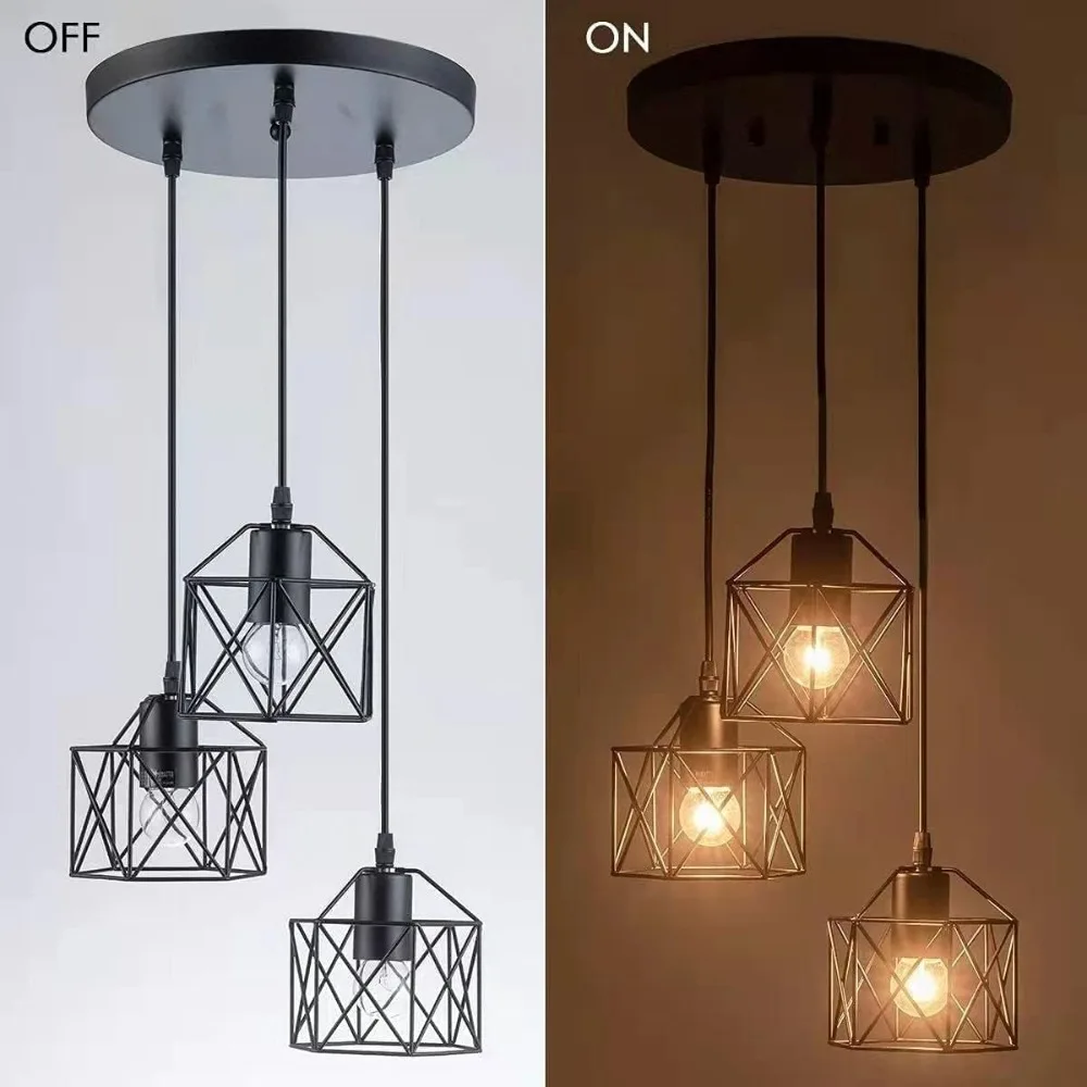 3-Light Industrial Ceiling Lamp Vintage E27 Ceiling Light with Iron Cage Lampshade for Living Room Dining Table Kitchen Pendant