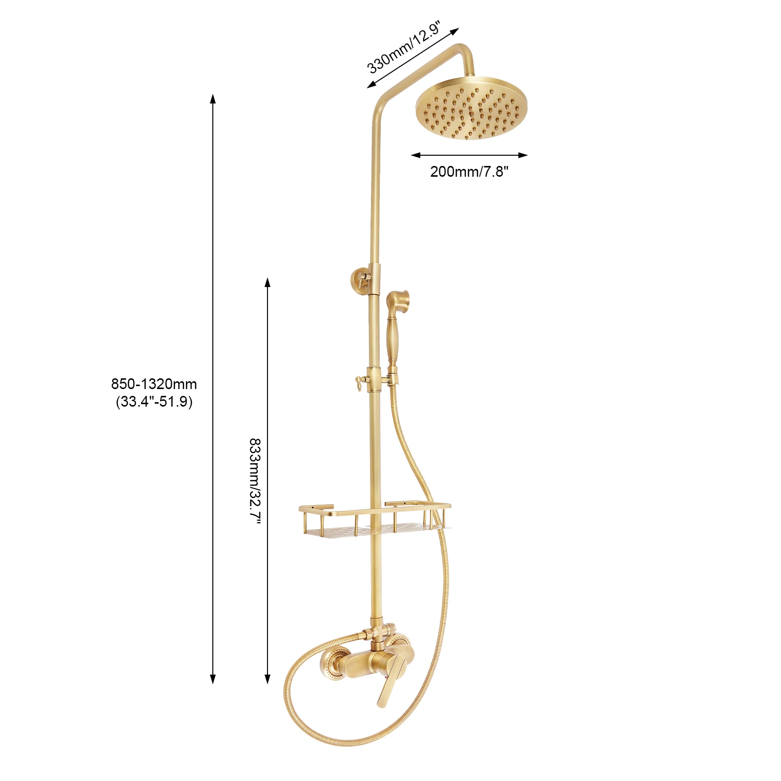 Vintage Bronze Shower System with Shelf, Brass Construction 20cm Overhead Shower, Adjustable Rod 85-132cm, 3-Hole Wall Mount