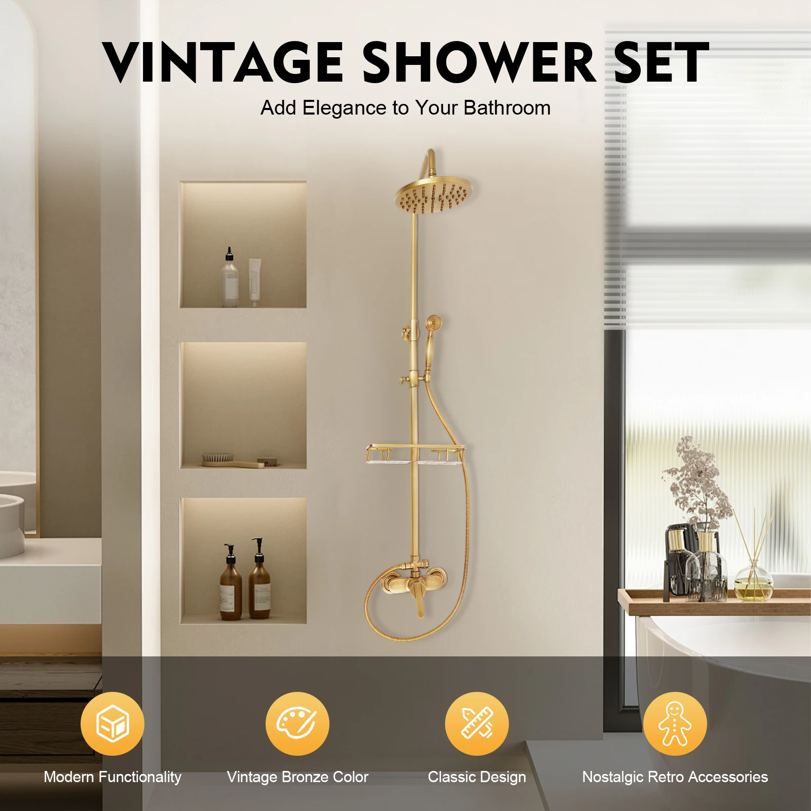 Vintage Bronze Shower System with Shelf, Brass Construction 20cm Overhead Shower, Adjustable Rod 85-132cm, 3-Hole Wall Mount