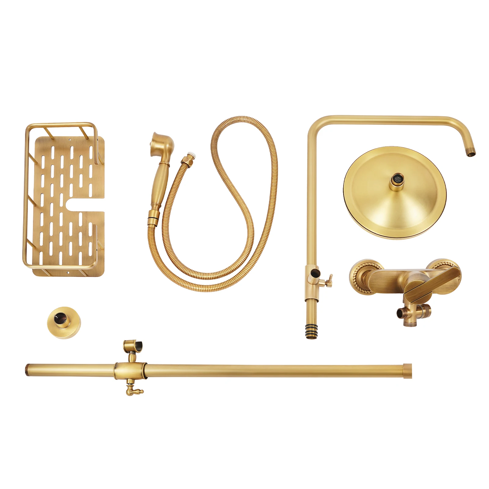 Vintage Bronze Shower System with Shelf, Brass Construction 20cm Overhead Shower, Adjustable Rod 85-132cm, 3-Hole Wall Mount