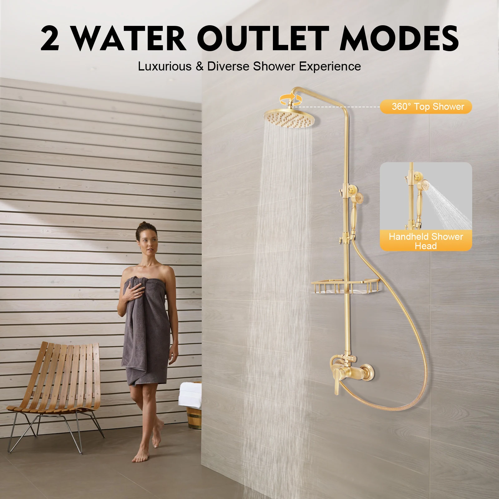 Vintage Bronze Shower System with Shelf, Brass Construction 20cm Overhead Shower, Adjustable Rod 85-132cm, 3-Hole Wall Mount