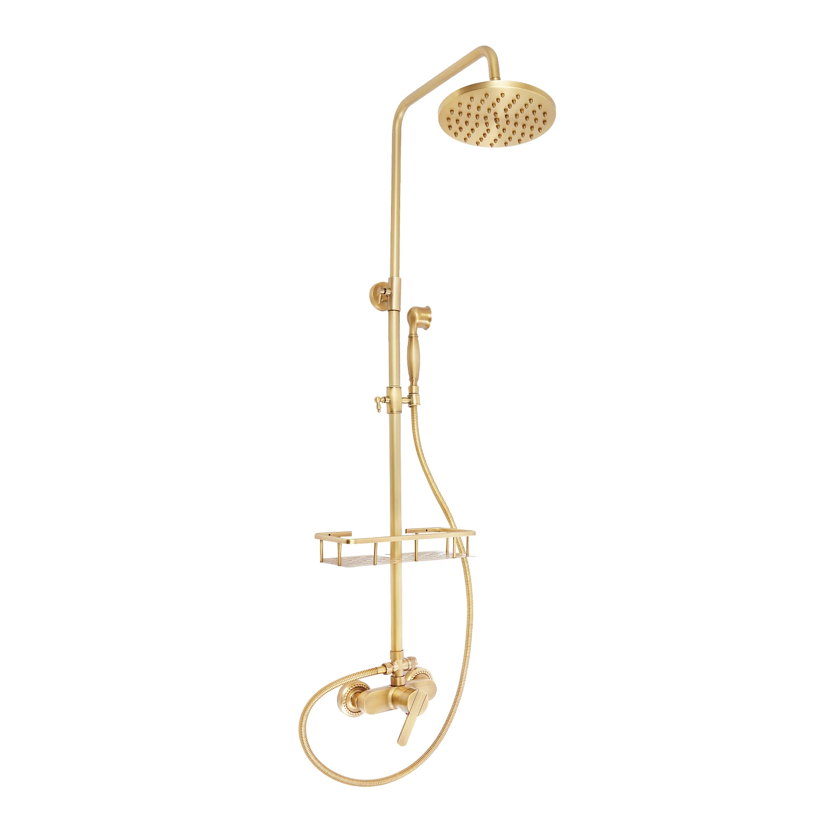 Vintage Bronze Shower System with Shelf, Brass Construction 20cm Overhead Shower, Adjustable Rod 85-132cm, 3-Hole Wall Mount