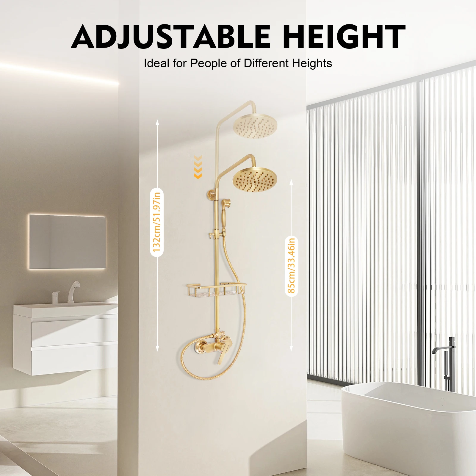 Vintage Bronze Shower System with Shelf, Brass Construction 20cm Overhead Shower, Adjustable Rod 85-132cm, 3-Hole Wall Mount
