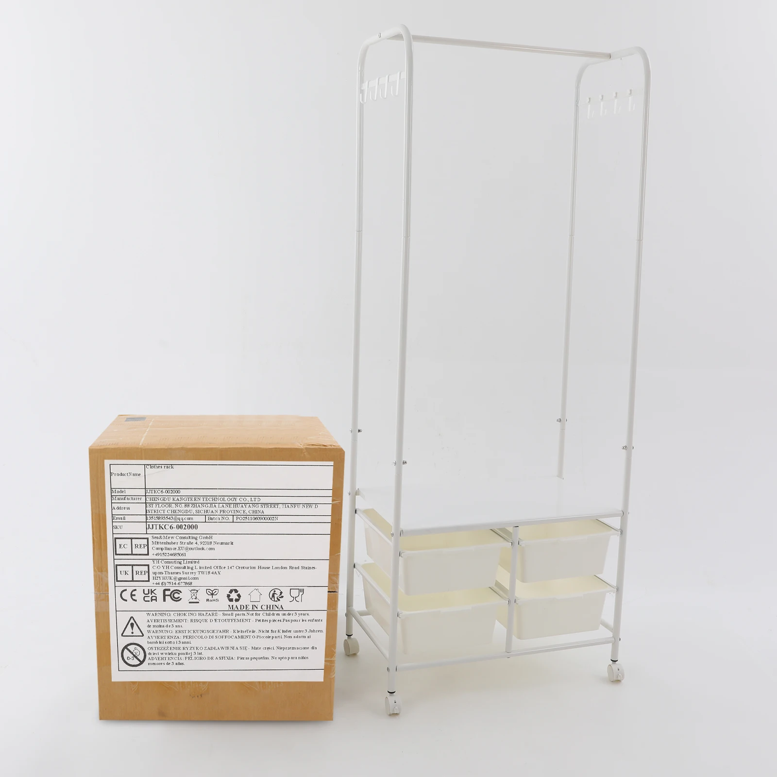 Rolling Clothes Rack, Clothing Rack with Wheels, Coat Rack with 4 Storage Boxes and 8 Hooks