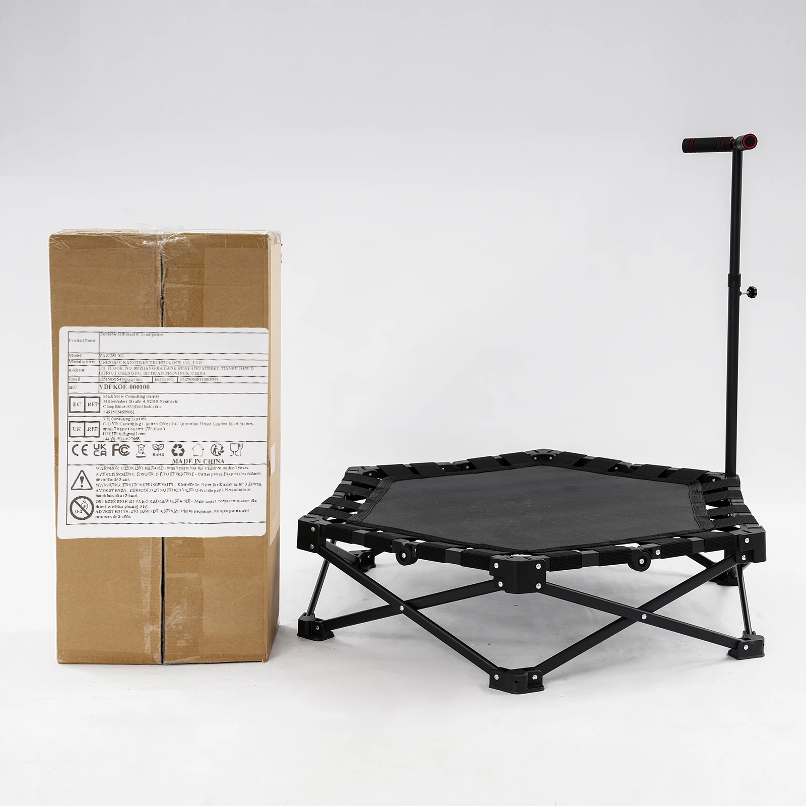 Foldable Rebounder Trampoline for Adults, Mini Fitness Trampoline W/Adjustable Foam Handle Bungees, Quiet Exercise Trampoline