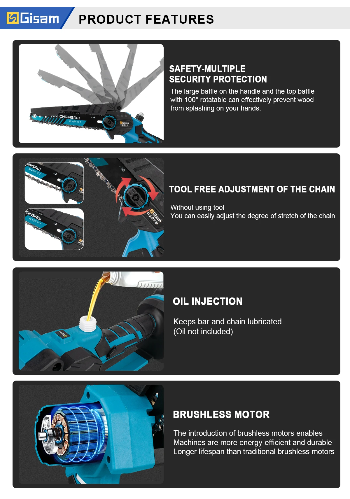 Gisam 8Inch Brushless Electric Chainsaw Cordless Woodworking Chain Saw Logging Cutter Power Tools For Makita 18V Battery Pins