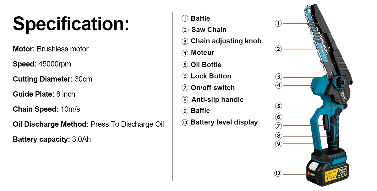 Gisam 8Inch Brushless Electric Chainsaw Cordless Woodworking Chain Saw Logging Cutter Power Tools For Makita 18V Battery Pins