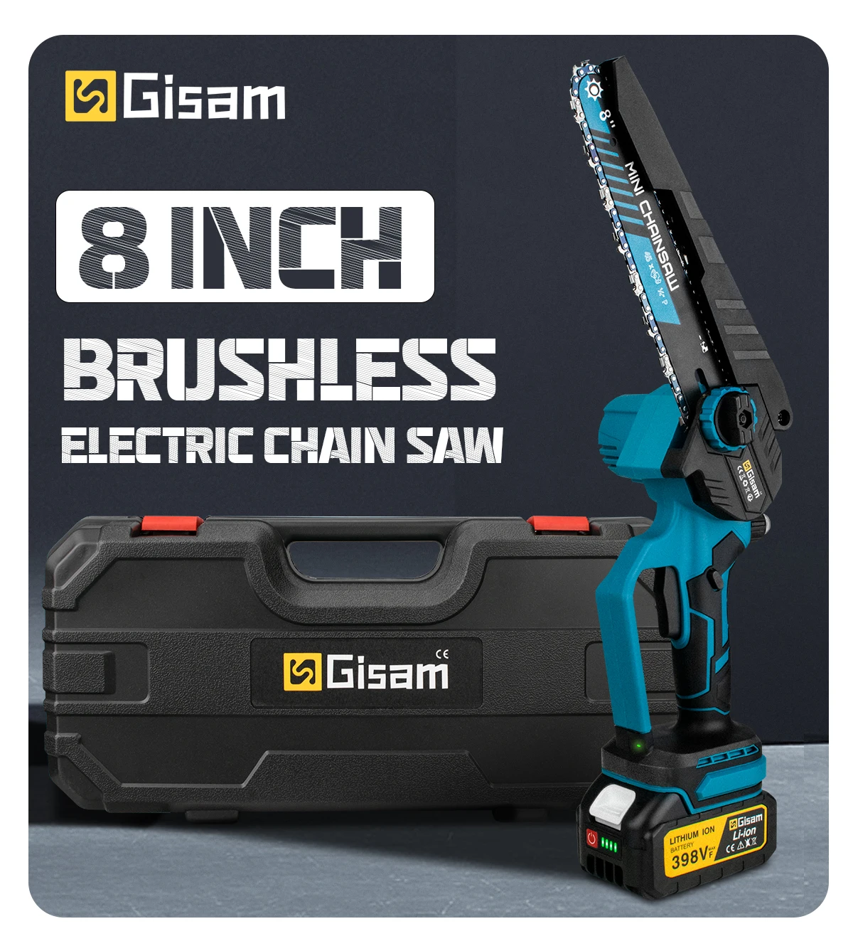 Gisam 8Inch Brushless Electric Chainsaw Cordless Woodworking Chain Saw Logging Cutter Power Tools For Makita 18V Battery Pins