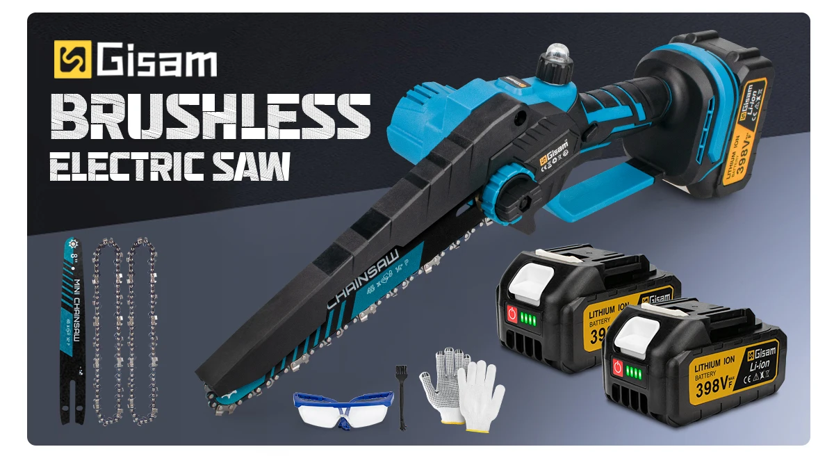 Gisam 8Inch Brushless Electric Chainsaw Cordless Woodworking Chain Saw Logging Cutter Power Tools For Makita 18V Battery Pins