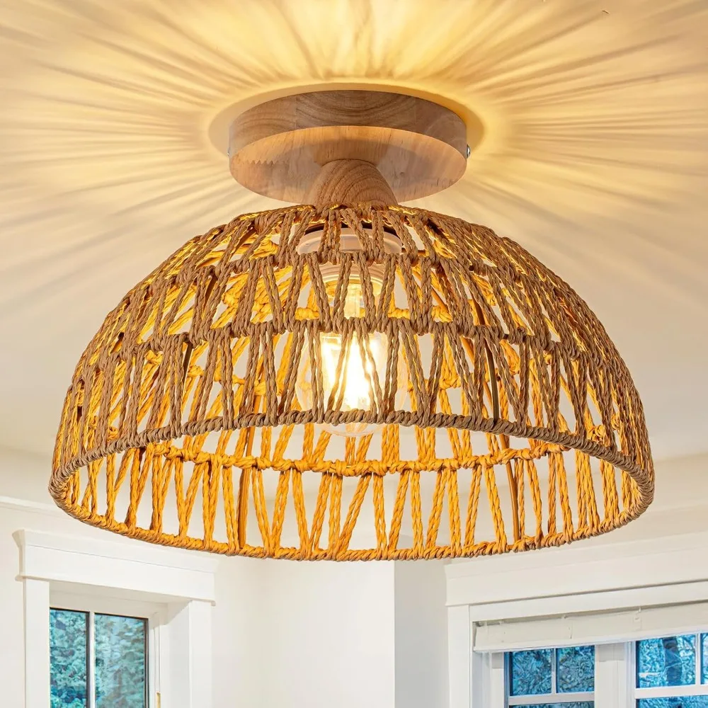 Hand-Woven Rattan Ceiling Light 30CM Vintage Country Style Ceiling Light with Wooden Base for Living Dining Room Hallway E27