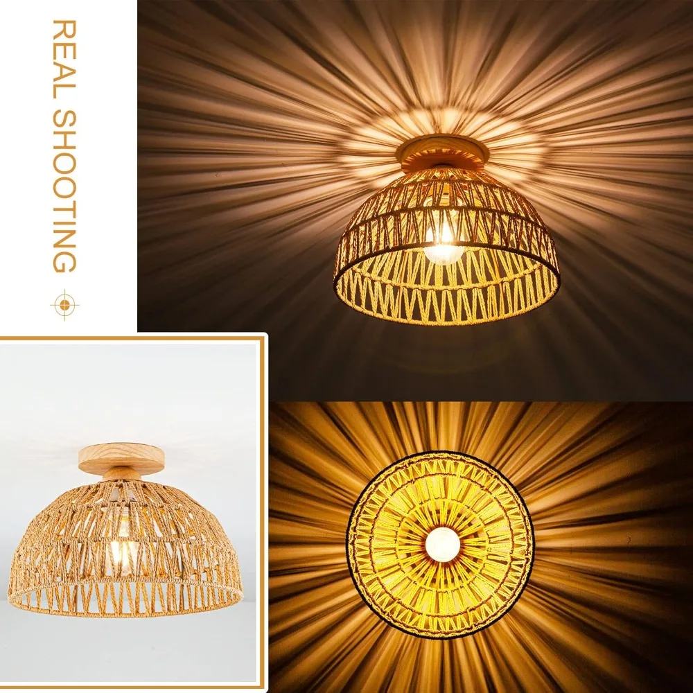 Hand-Woven Rattan Ceiling Light 30CM Vintage Country Style Ceiling Light with Wooden Base for Living Dining Room Hallway E27