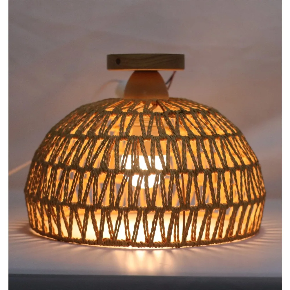 Hand-Woven Rattan Ceiling Light 30CM Vintage Country Style Ceiling Light with Wooden Base for Living Dining Room Hallway E27