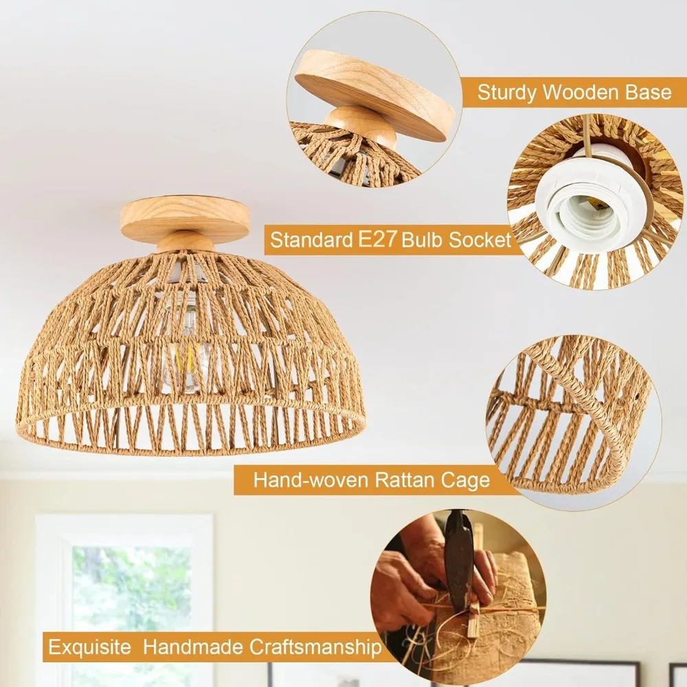 Hand-Woven Rattan Ceiling Light 30CM Vintage Country Style Ceiling Light with Wooden Base for Living Dining Room Hallway E27