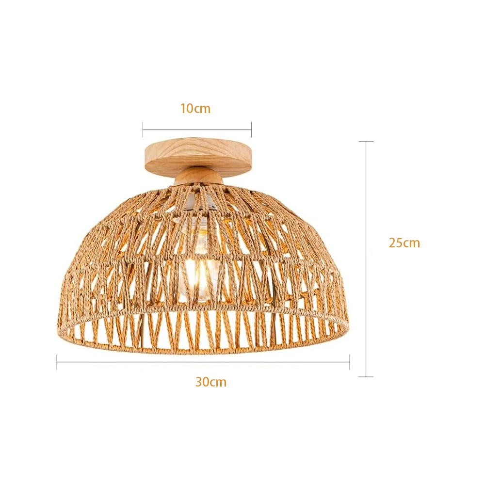 Hand-Woven Rattan Ceiling Light 30CM Vintage Country Style Ceiling Light with Wooden Base for Living Dining Room Hallway E27