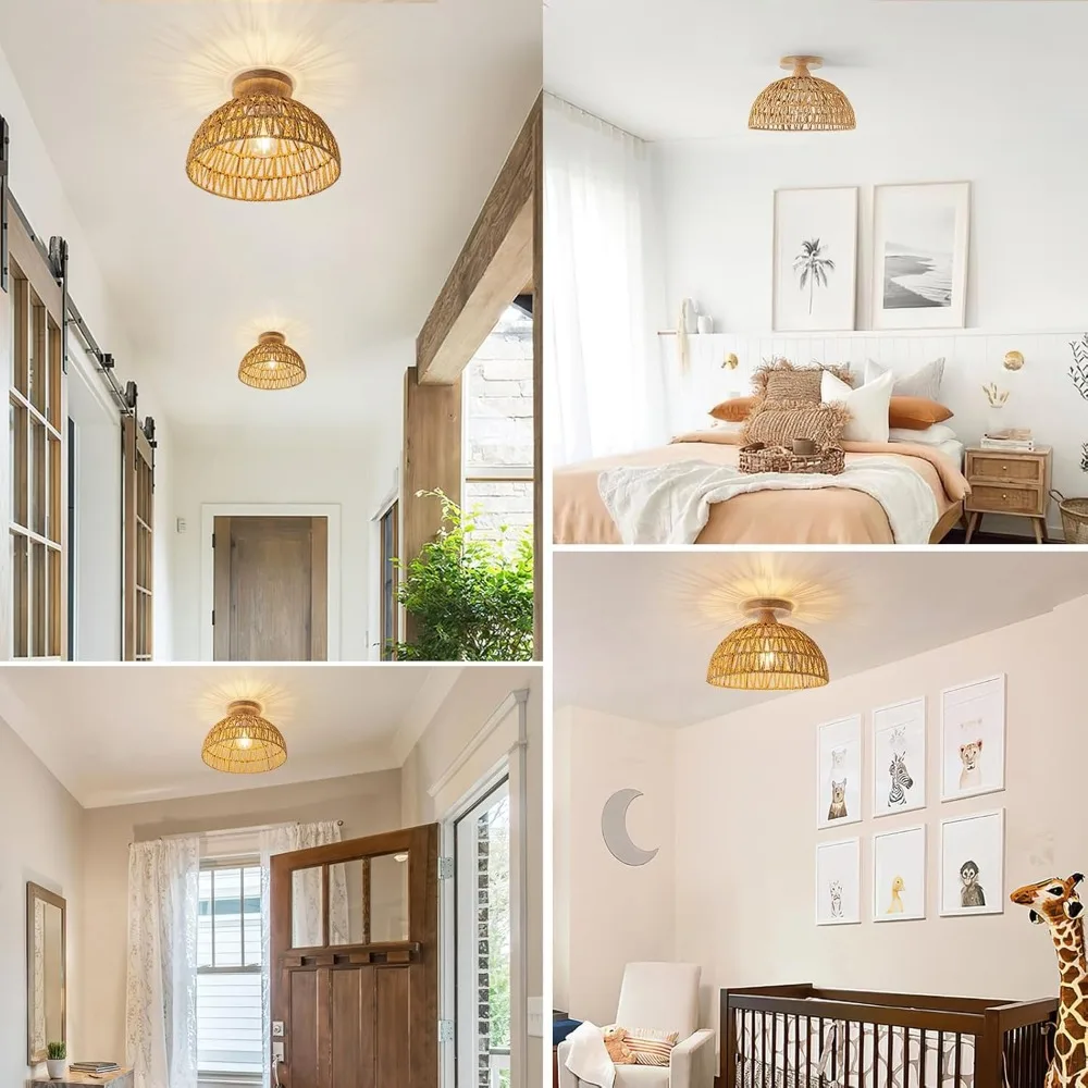 Hand-Woven Rattan Ceiling Light 30CM Vintage Country Style Ceiling Light with Wooden Base for Living Dining Room Hallway E27