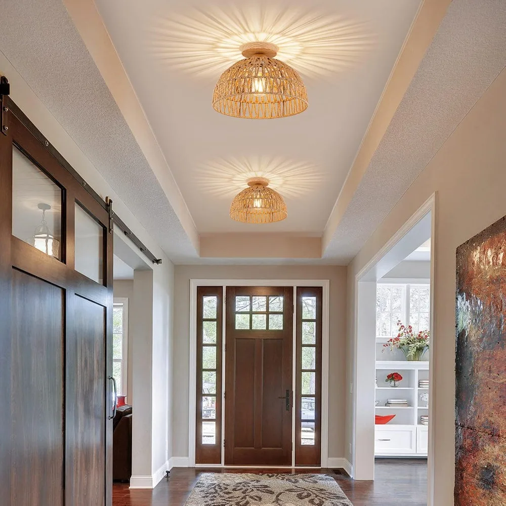 Hand-Woven Rattan Ceiling Light 30CM Vintage Country Style Ceiling Light with Wooden Base for Living Dining Room Hallway E27