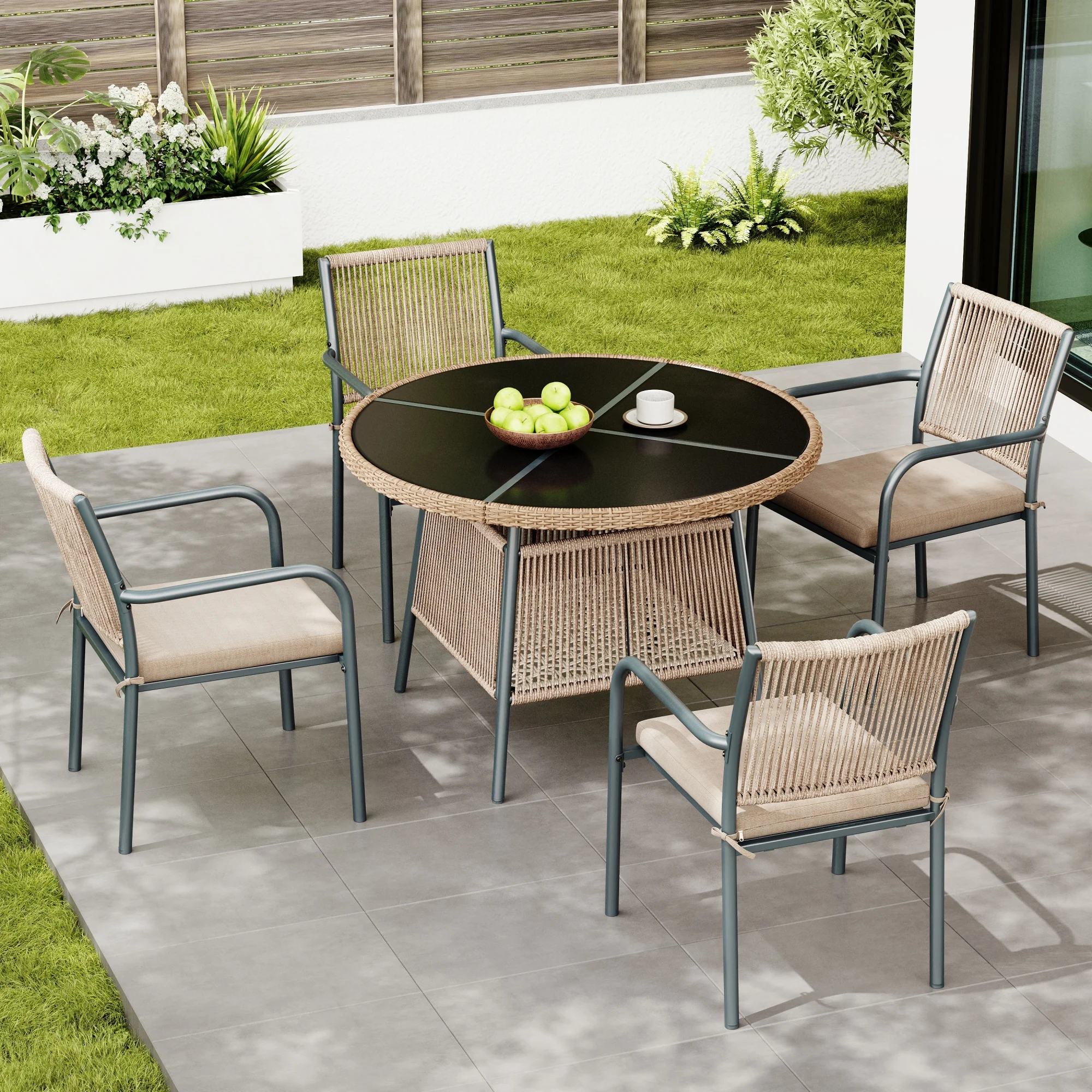 Modern rattan garden furniture set, round glass table + 4 armchairs, iron frame, suitable for terrace/balcony/deck