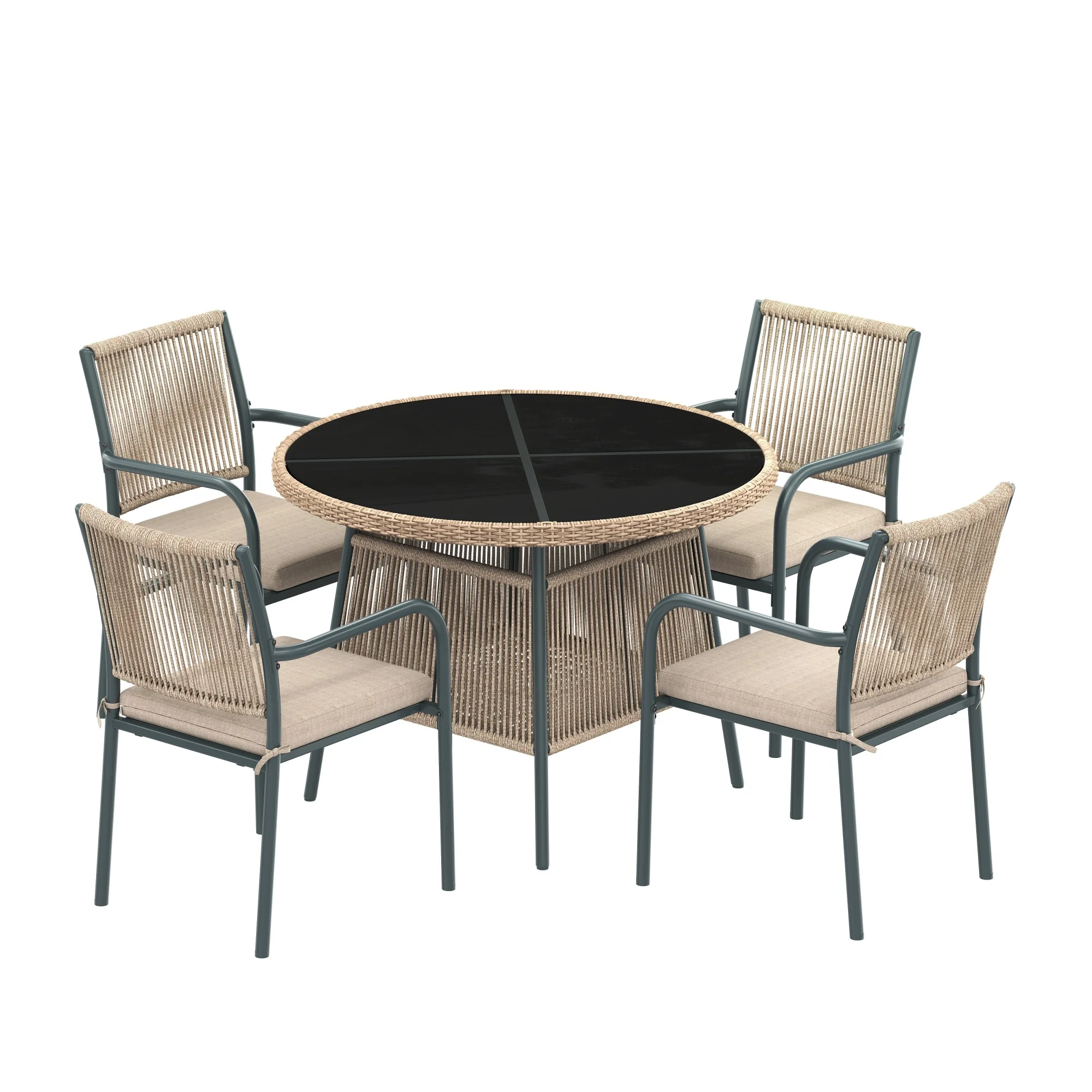 Modern rattan garden furniture set, round glass table + 4 armchairs, iron frame, suitable for terrace/balcony/deck