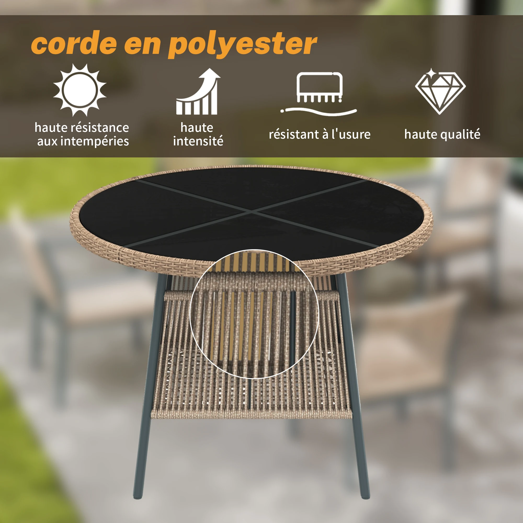 Modern rattan garden furniture set, round glass table + 4 armchairs, iron frame, suitable for terrace/balcony/deck