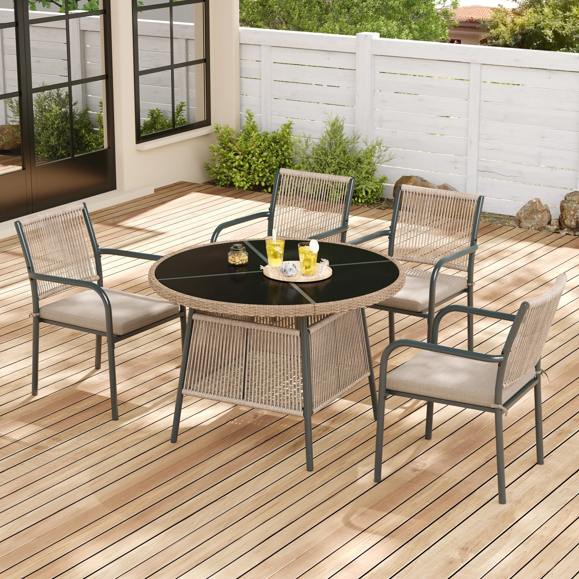 Modern rattan garden furniture set, round glass table + 4 armchairs, iron frame, suitable for terrace/balcony/deck