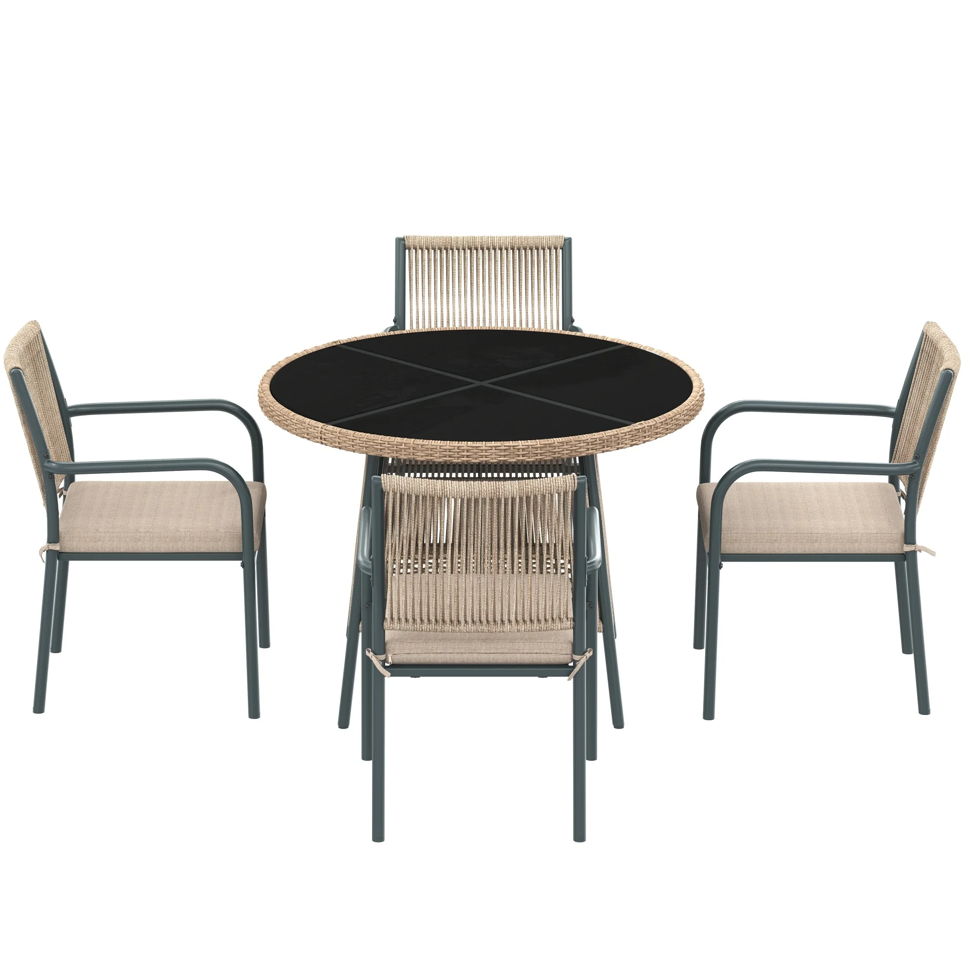 Modern rattan garden furniture set, round glass table + 4 armchairs, iron frame, suitable for terrace/balcony/deck