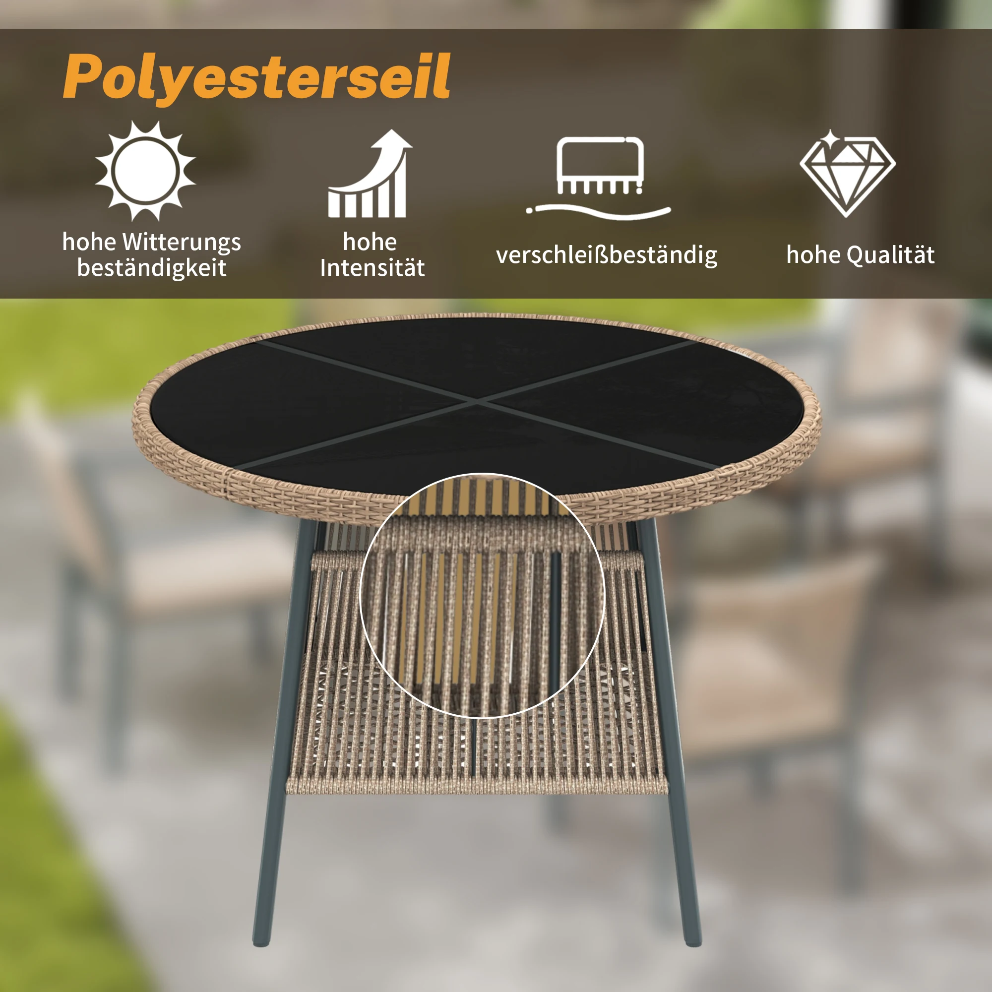 Modern rattan garden furniture set, round glass table + 4 armchairs, iron frame, suitable for terrace/balcony/deck