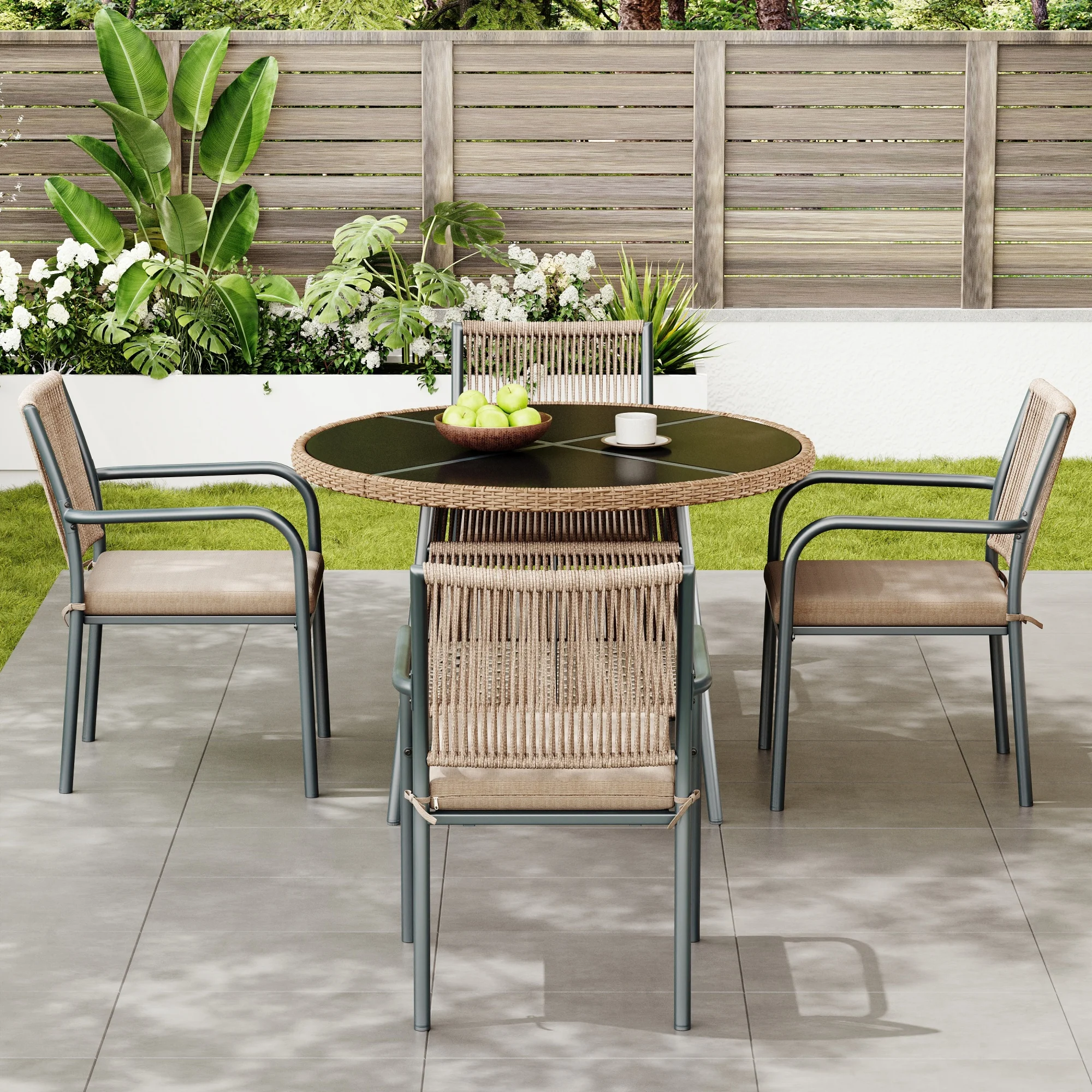 Modern rattan garden furniture set, round glass table + 4 armchairs, iron frame, suitable for terrace/balcony/deck