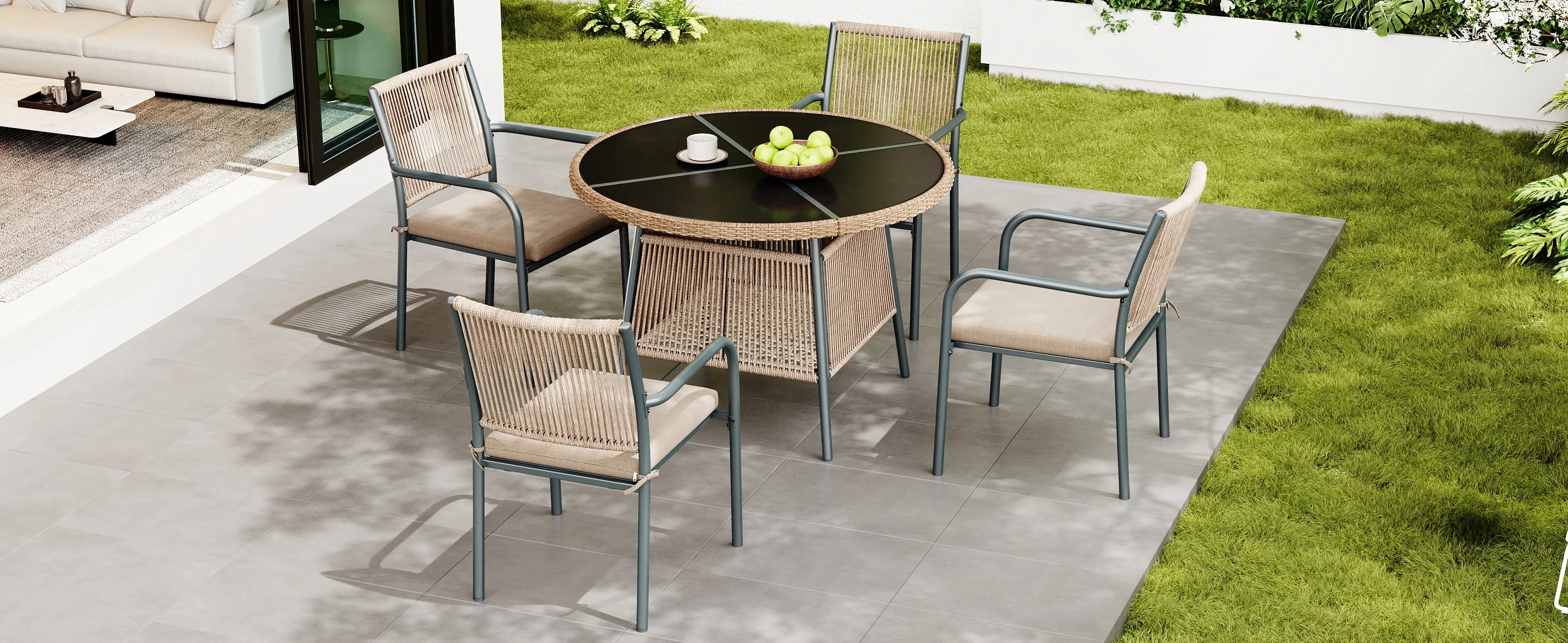 Modern rattan garden furniture set, round glass table + 4 armchairs, iron frame, suitable for terrace/balcony/deck