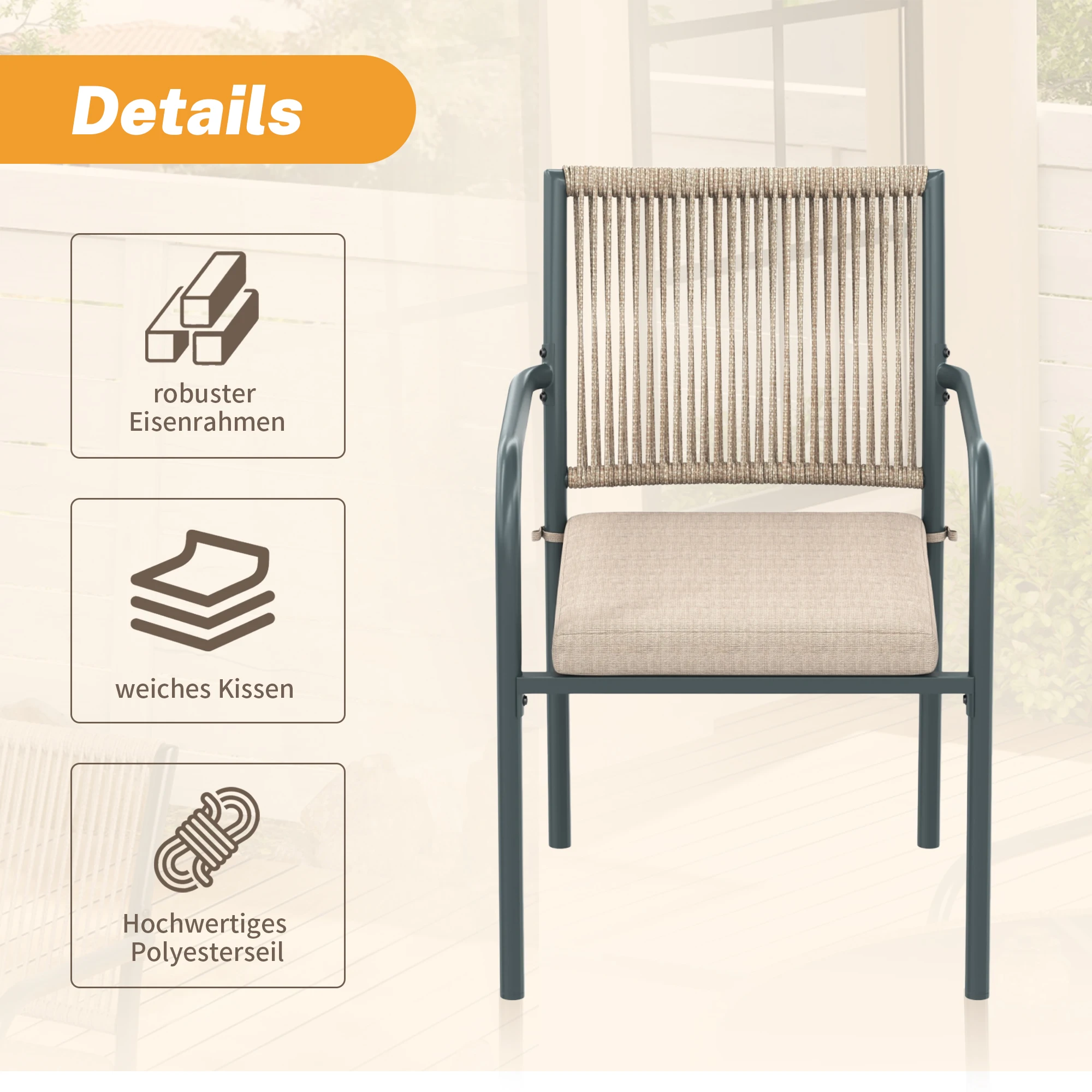Modern rattan garden furniture set, round glass table + 4 armchairs, iron frame, suitable for terrace/balcony/deck