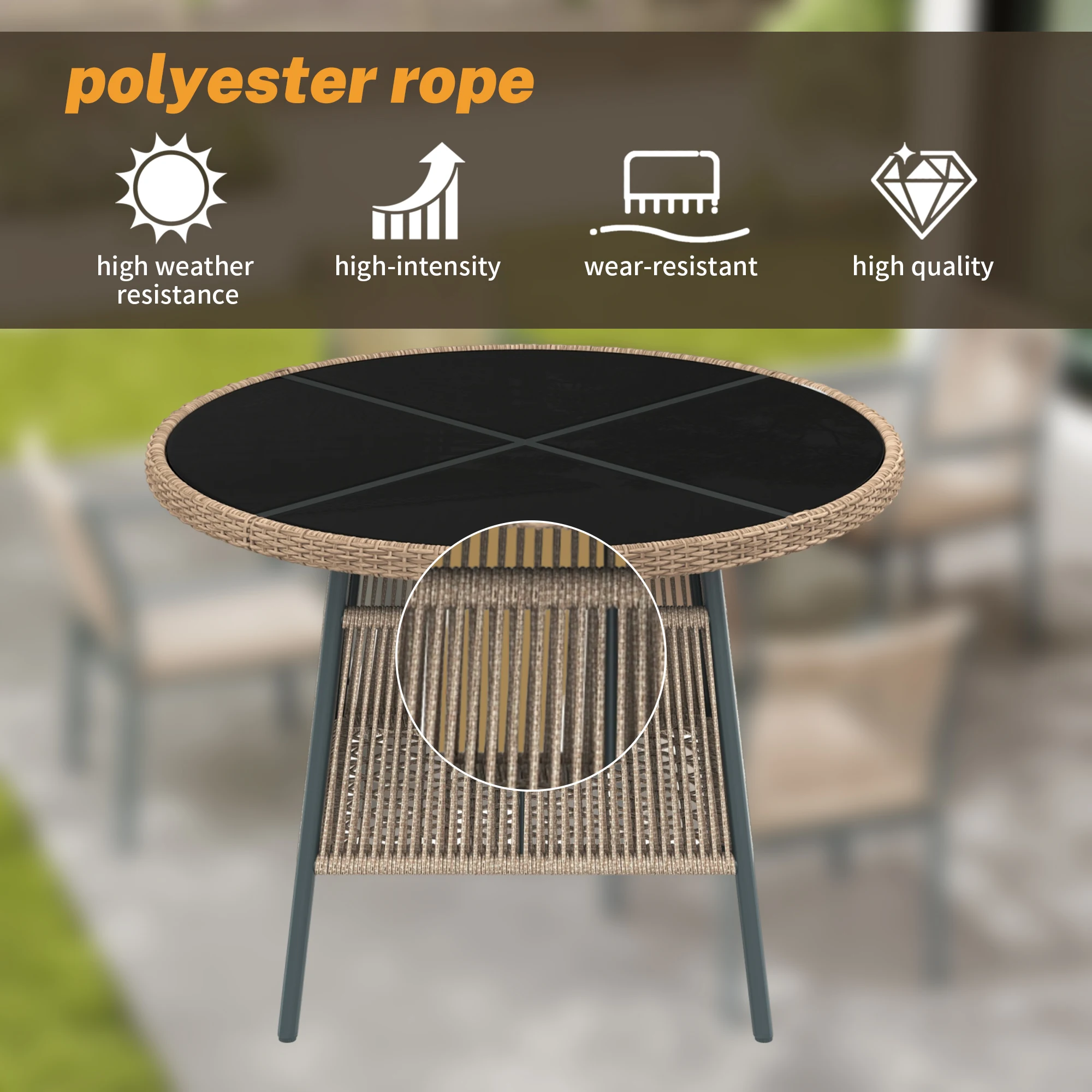 Modern rattan garden furniture set, round glass table + 4 armchairs, iron frame, suitable for terrace/balcony/deck