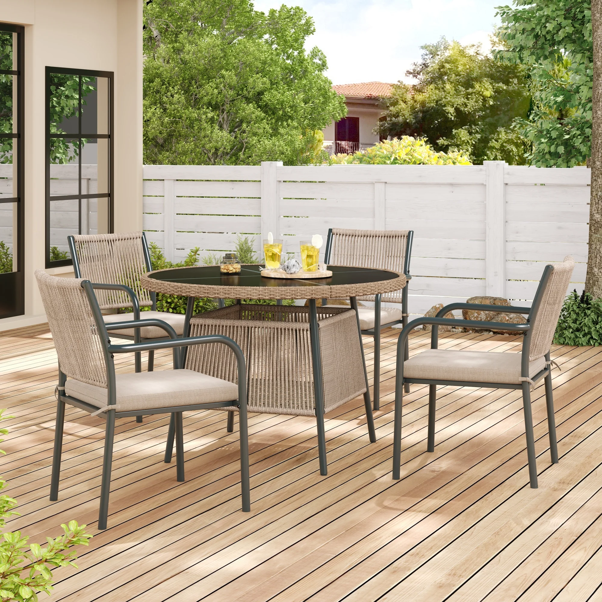 Modern rattan garden furniture set, round glass table + 4 armchairs, iron frame, suitable for terrace/balcony/deck