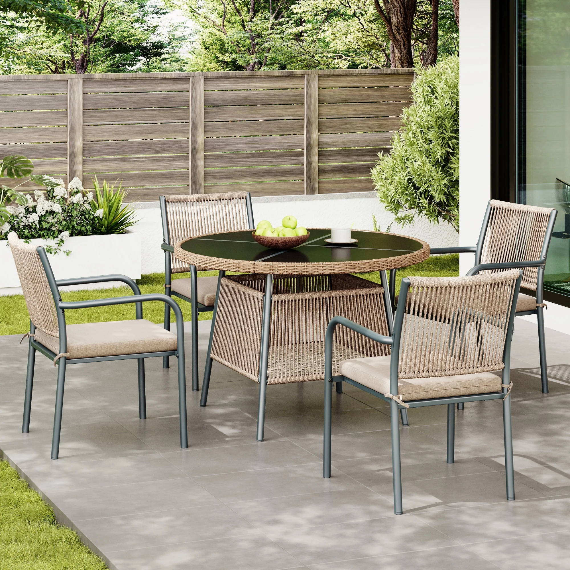 Modern rattan garden furniture set, round glass table + 4 armchairs, iron frame, suitable for terrace/balcony/deck