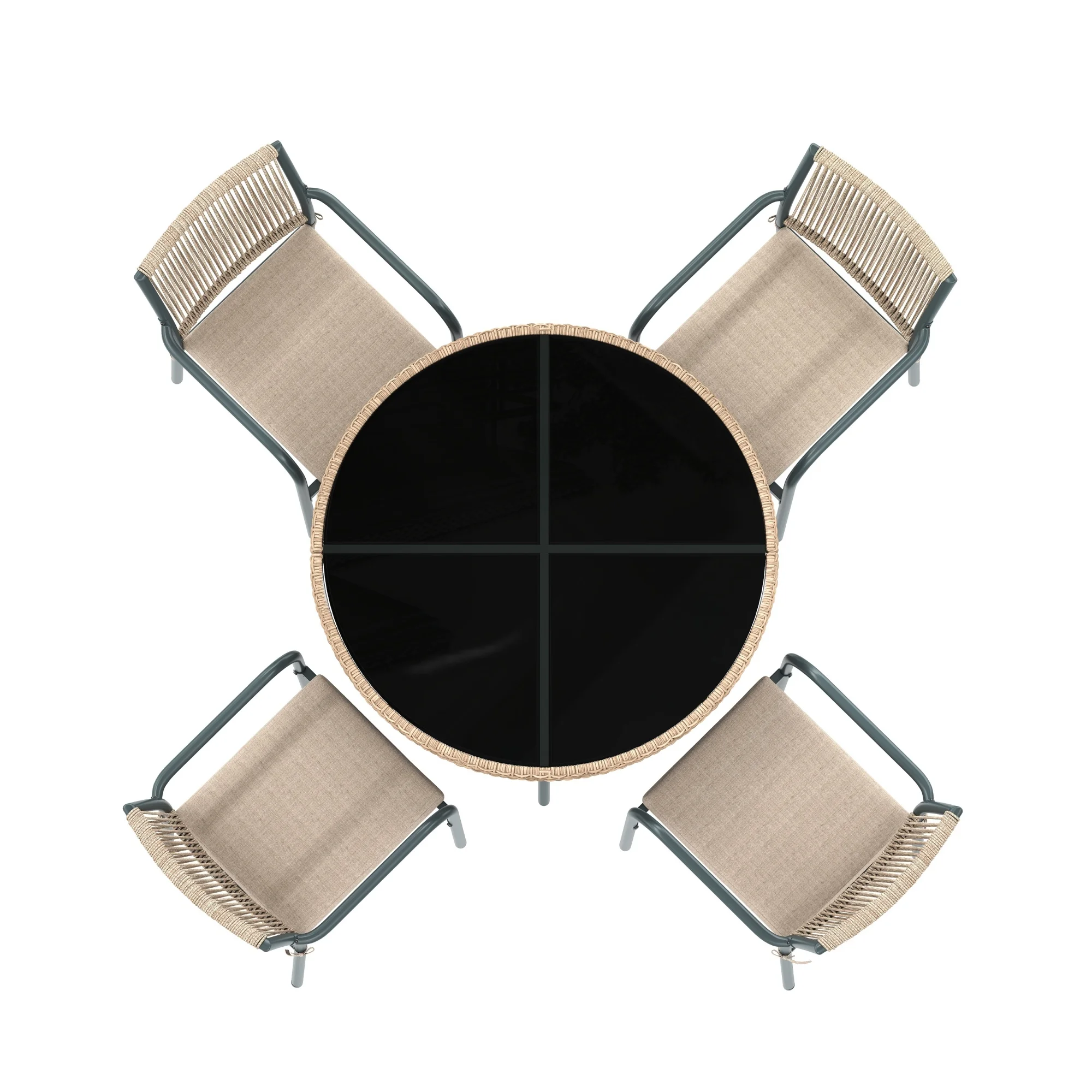 Modern rattan garden furniture set, round glass table + 4 armchairs, iron frame, suitable for terrace/balcony/deck
