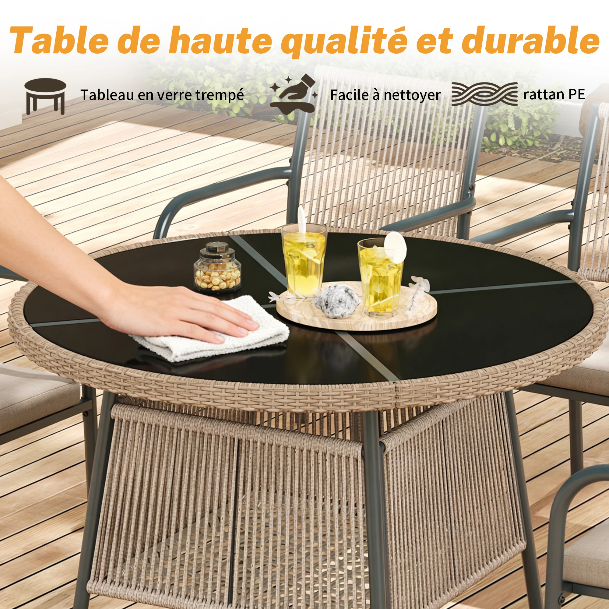 Modern rattan garden furniture set, round glass table + 4 armchairs, iron frame, suitable for terrace/balcony/deck