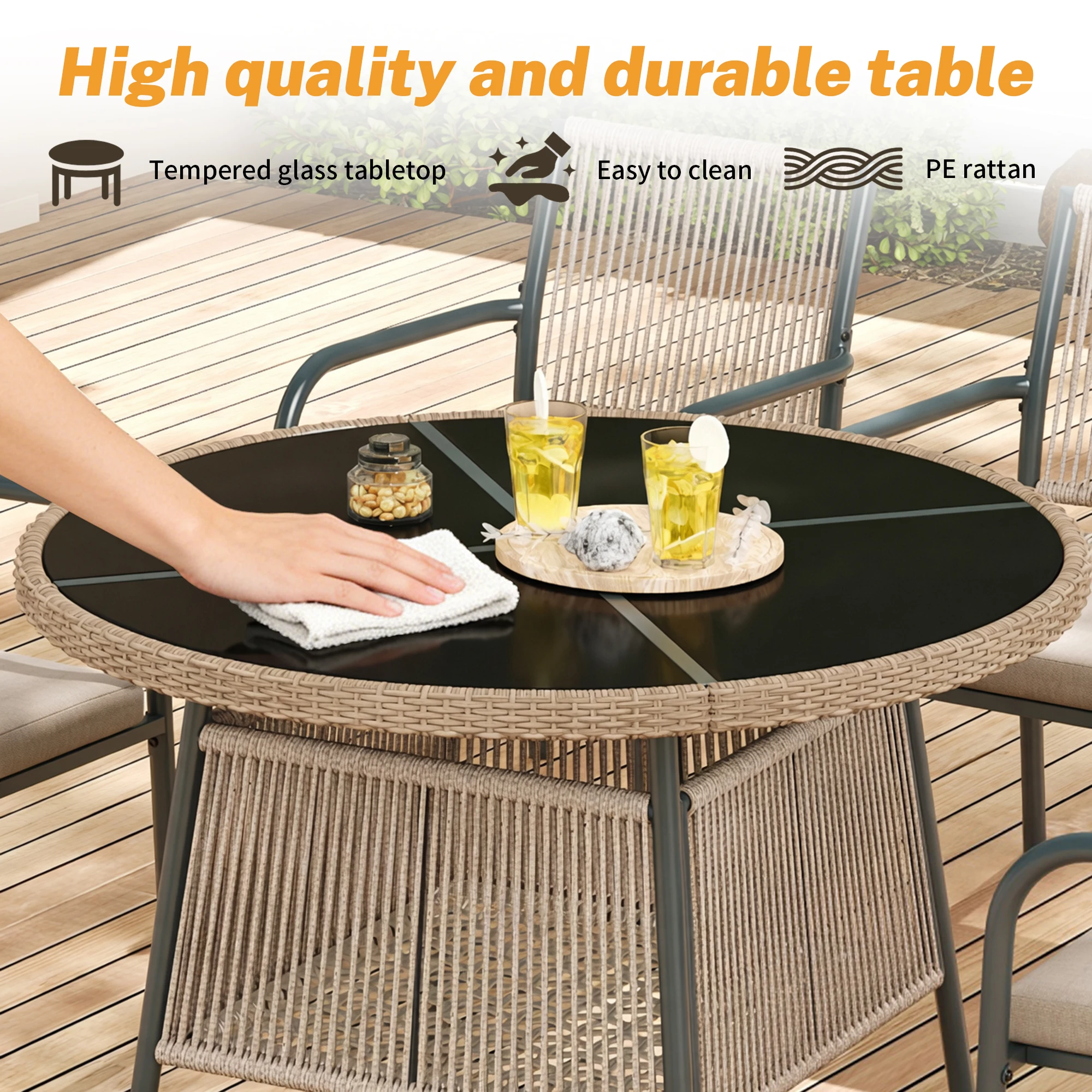 Modern rattan garden furniture set, round glass table + 4 armchairs, iron frame, suitable for terrace/balcony/deck