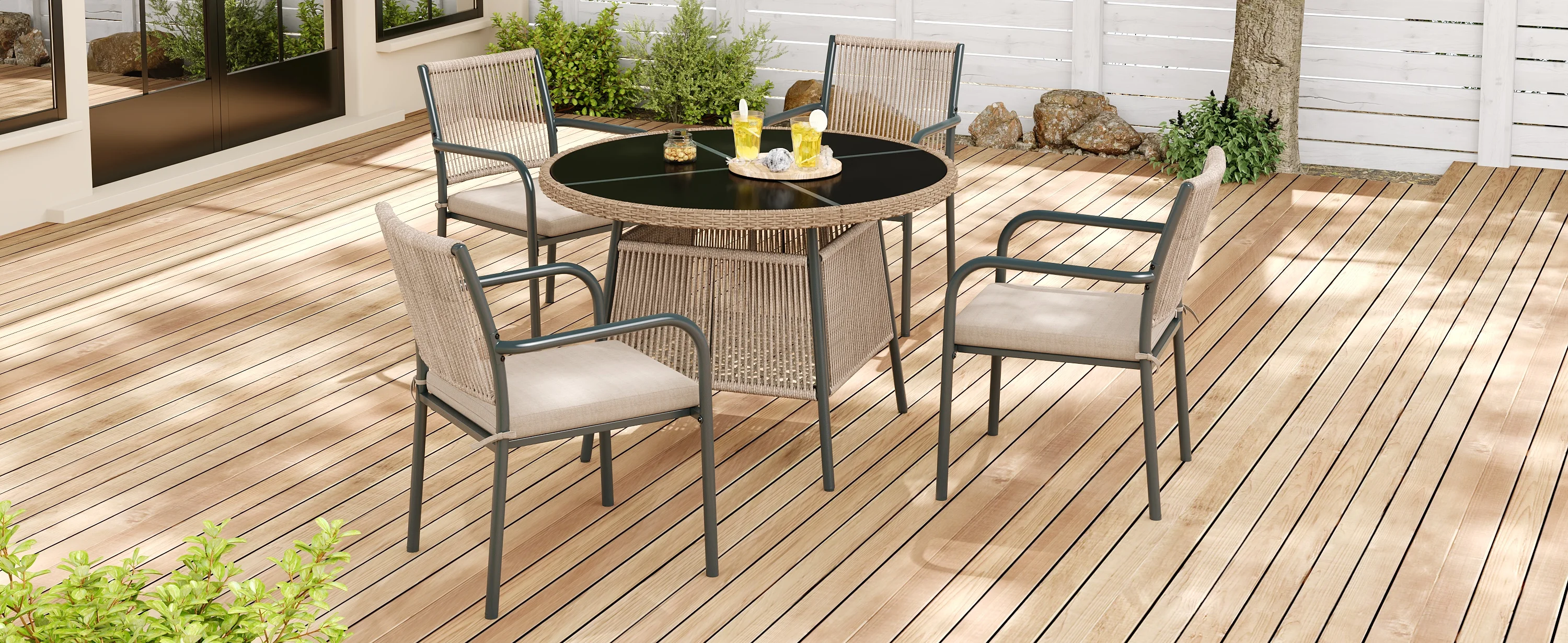 Modern rattan garden furniture set, round glass table + 4 armchairs, iron frame, suitable for terrace/balcony/deck