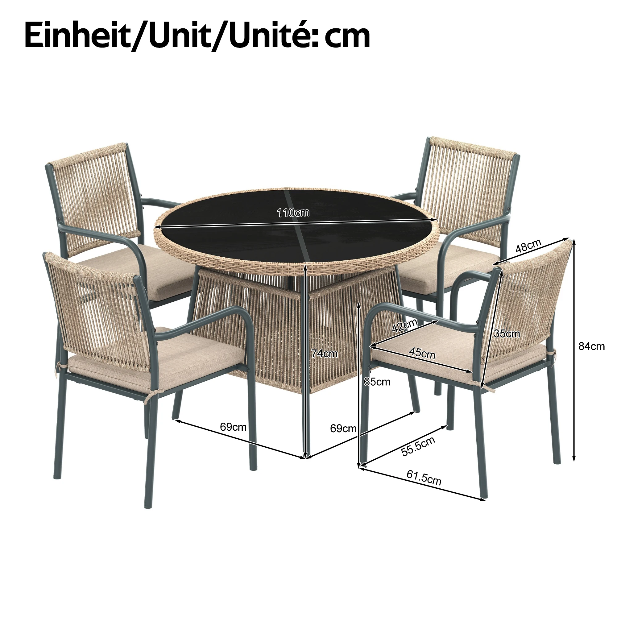 Modern rattan garden furniture set, round glass table + 4 armchairs, iron frame, suitable for terrace/balcony/deck