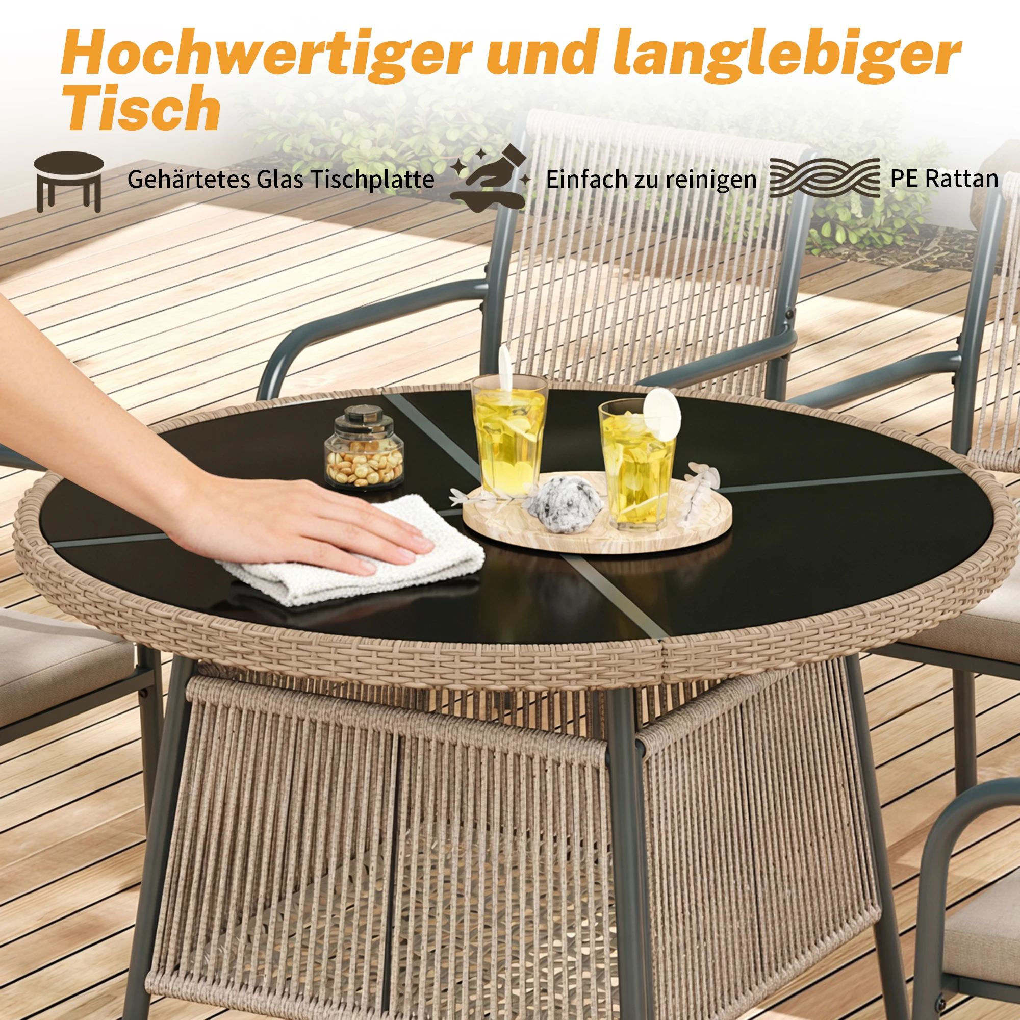 Modern rattan garden furniture set, round glass table + 4 armchairs, iron frame, suitable for terrace/balcony/deck