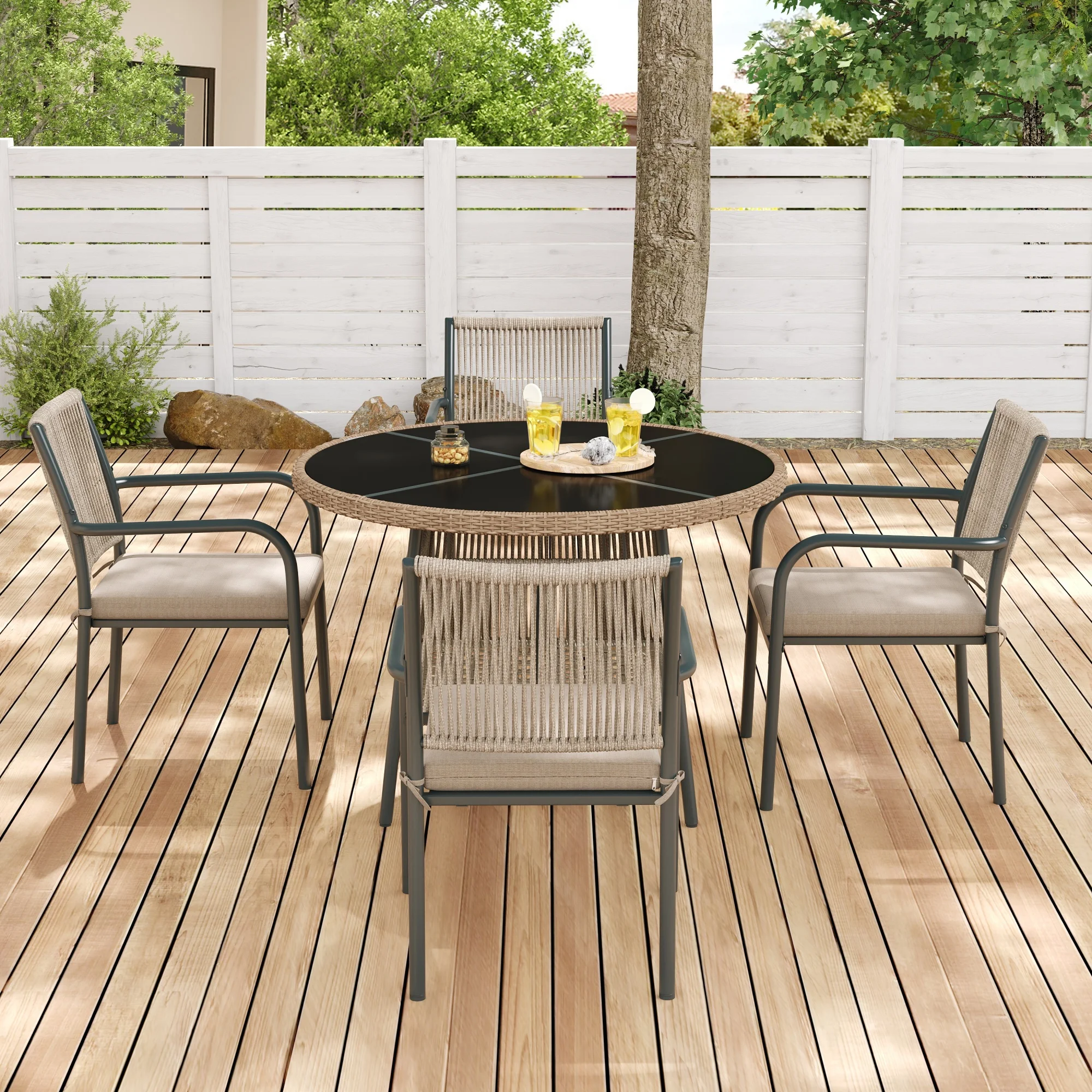 Modern rattan garden furniture set, round glass table + 4 armchairs, iron frame, suitable for terrace/balcony/deck