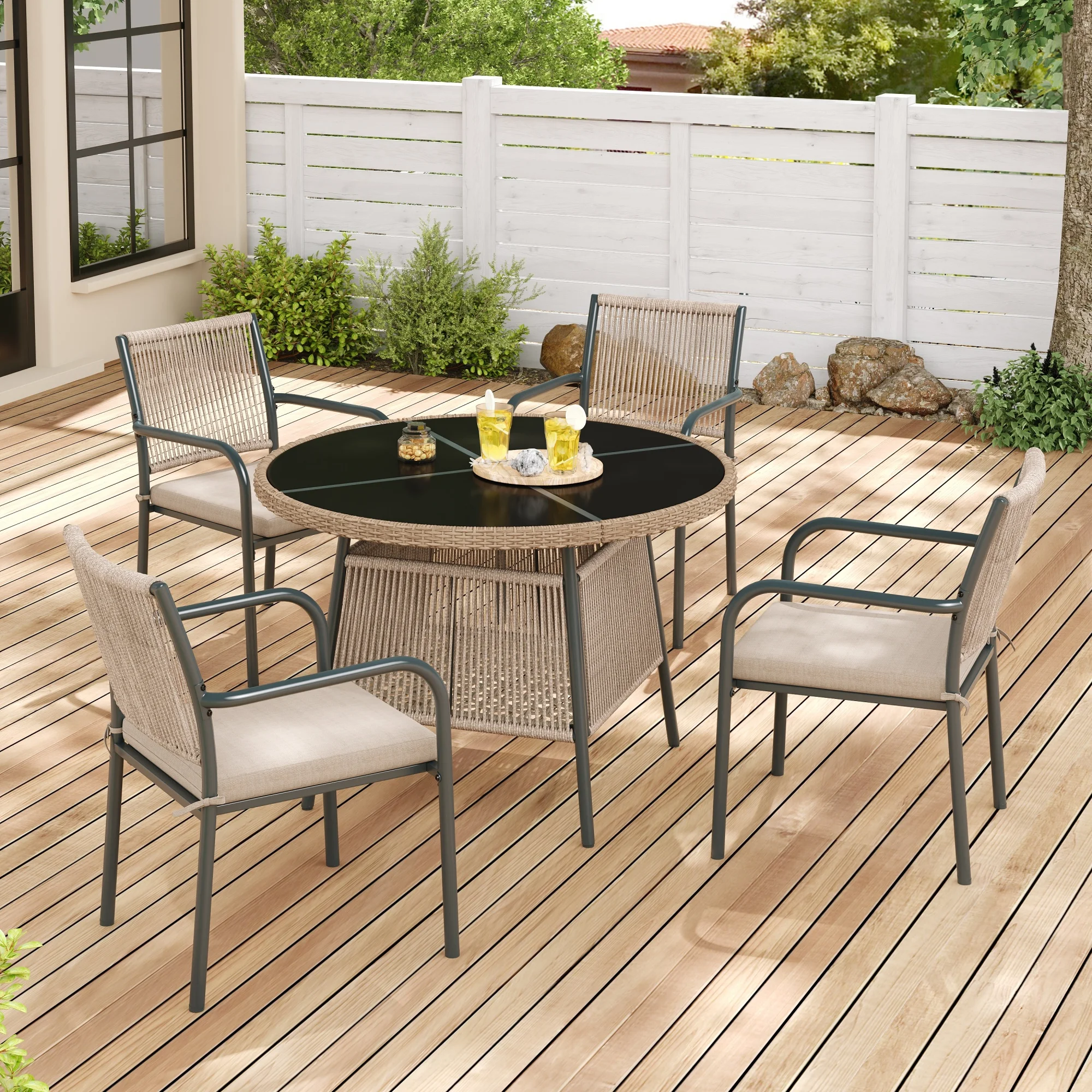 Modern rattan garden furniture set, round glass table + 4 armchairs, iron frame, suitable for terrace/balcony/deck