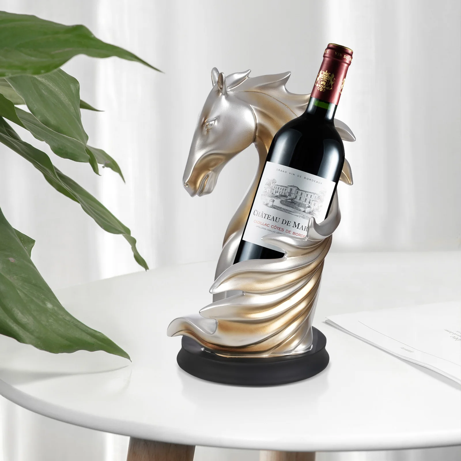 Elegant Horse Head Wine Bottle Holder Silver Gold Resin Modern Decorative Rack for Home Bar Kitchen Office Gift