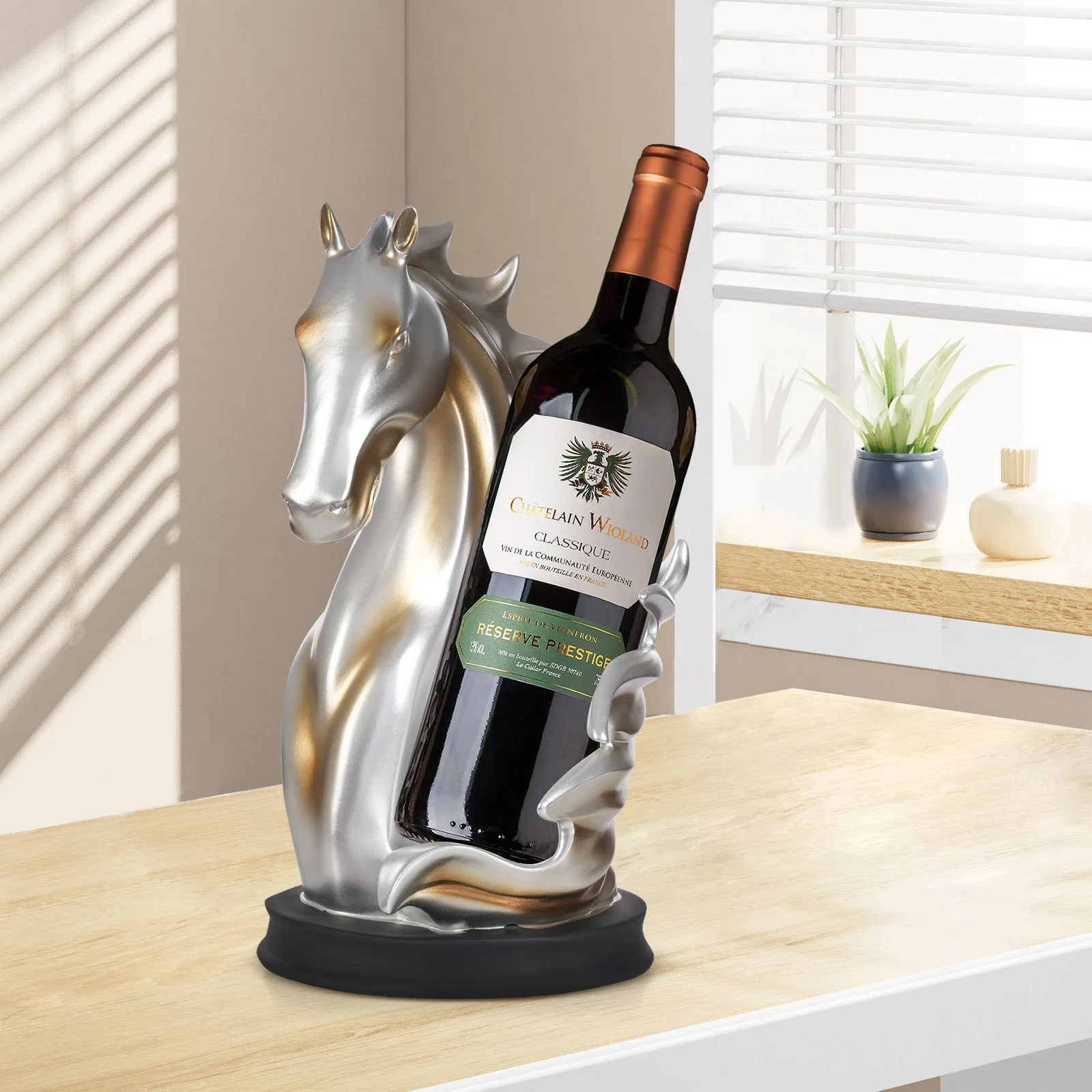 Elegant Horse Head Wine Bottle Holder Silver Gold Resin Modern Decorative Rack for Home Bar Kitchen Office Gift