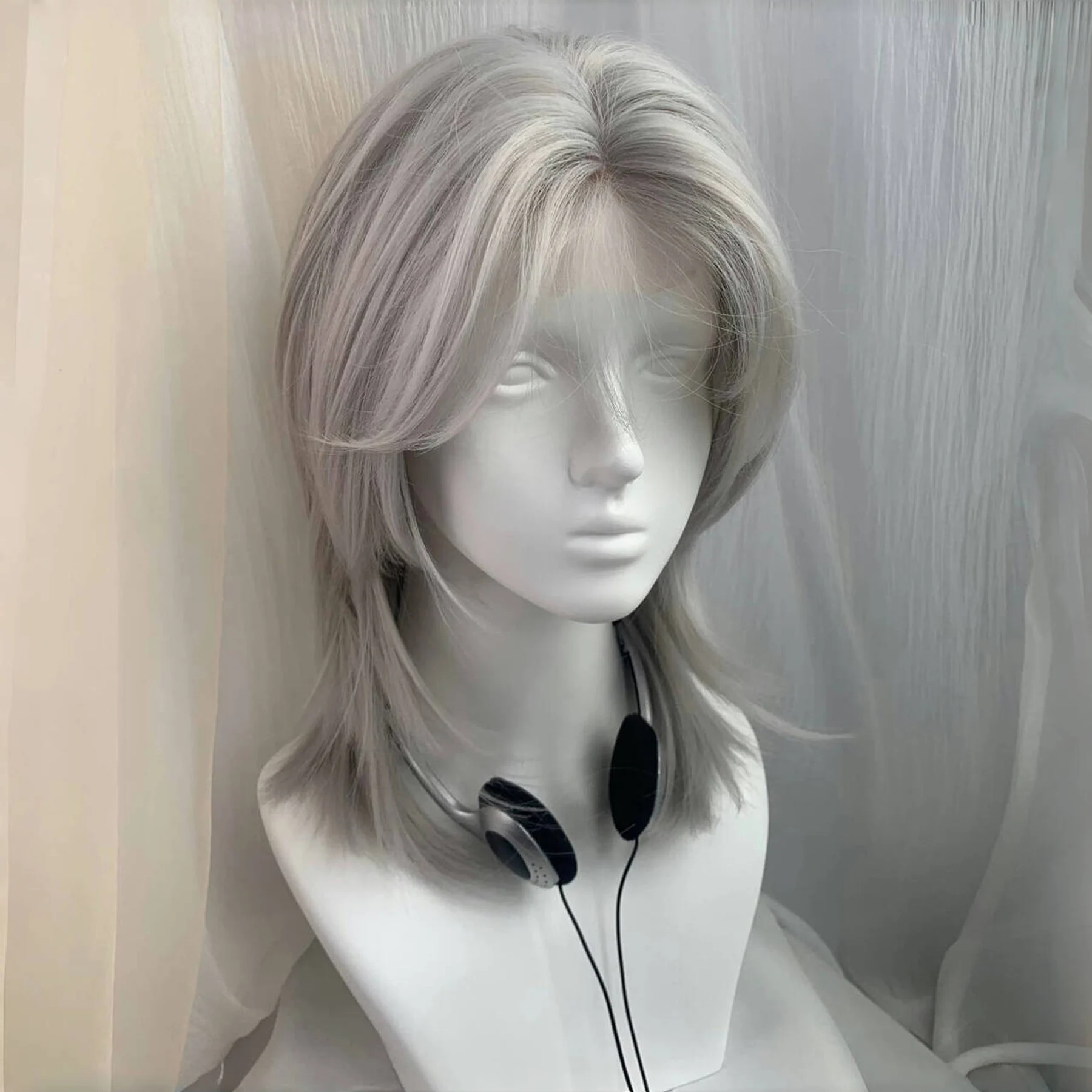 Lolita Synthetic Wig Forehead Lace Wolf Tail Short Curly Hair Silver Grey Layering Daily Fluffy Wig Full Head Unisex Daily