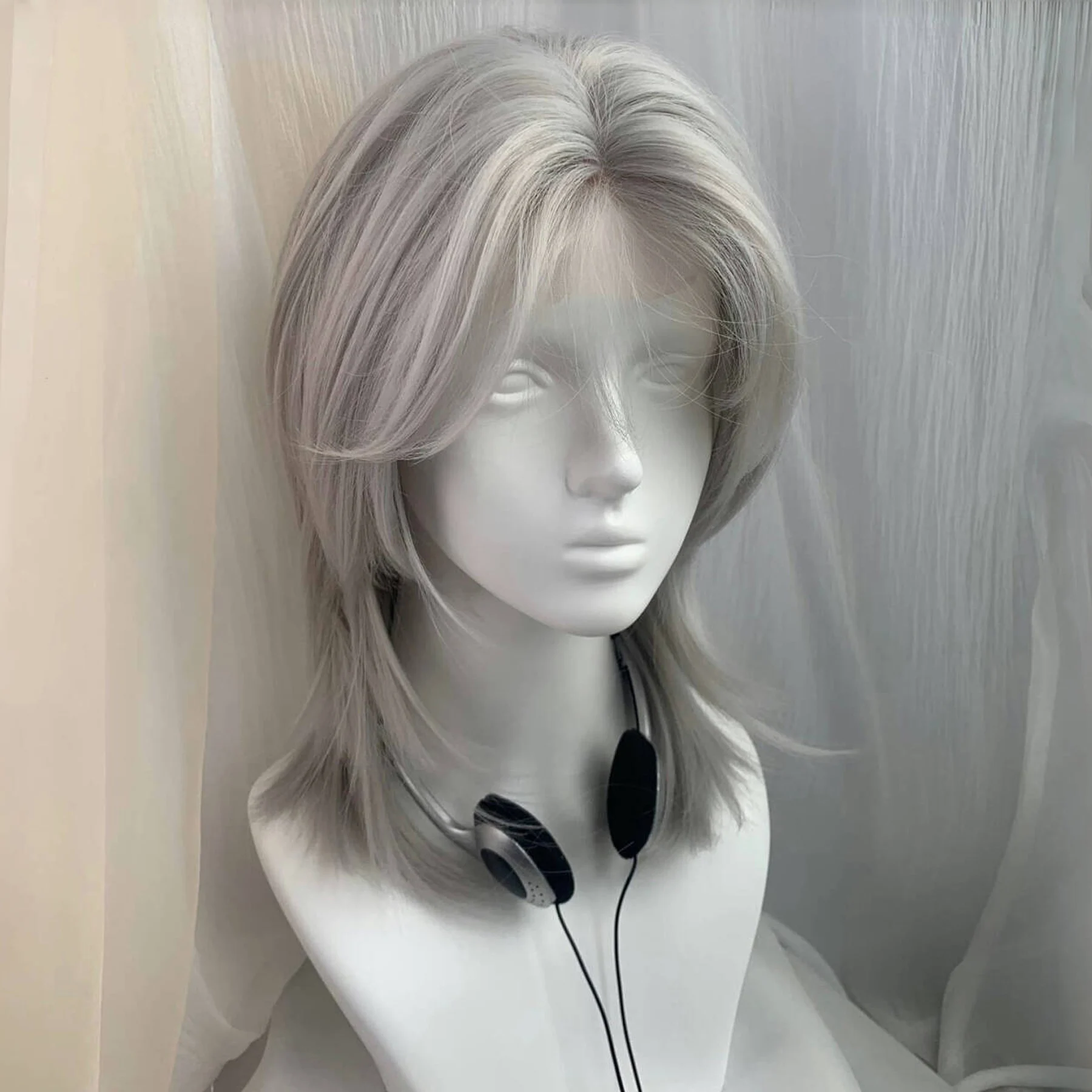 Lolita Synthetic Wig Forehead Lace Wolf Tail Short Curly Hair Silver Grey Layering Daily Fluffy Wig Full Head Unisex Daily