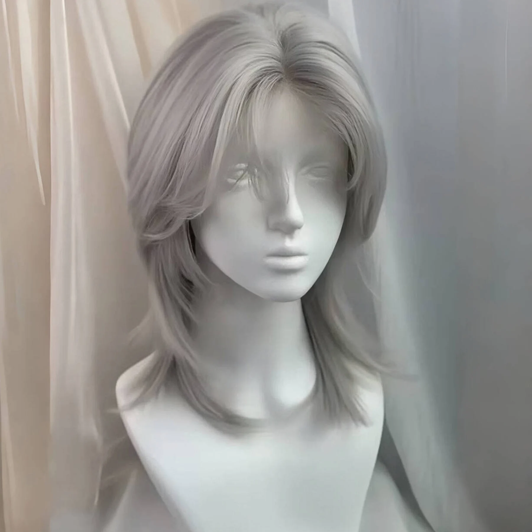 Lolita Synthetic Wig Forehead Lace Wolf Tail Short Curly Hair Silver Grey Layering Daily Fluffy Wig Full Head Unisex Daily
